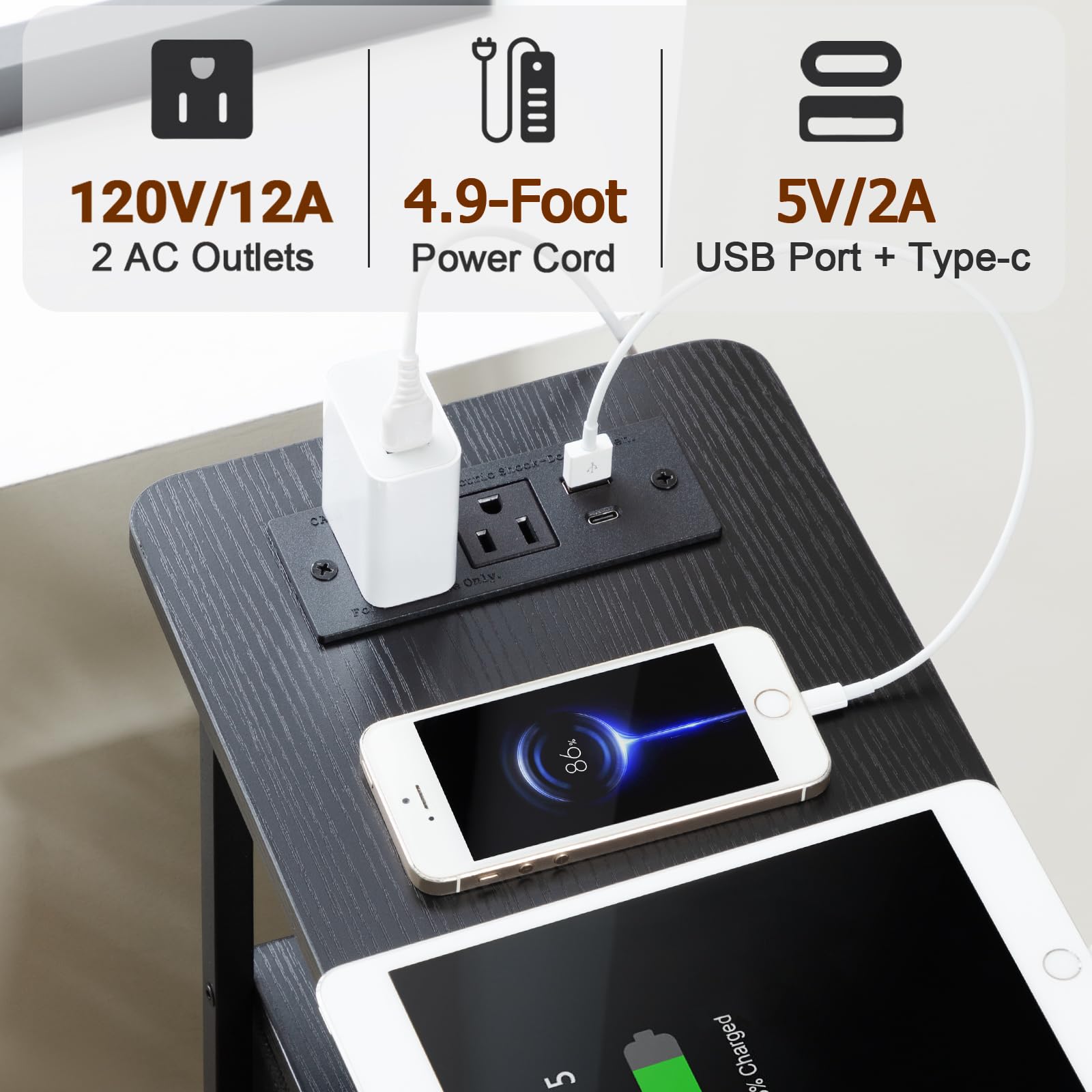 LOAKEKEL End Table charging station with USB, Type‑C, and outlets for easy charging.