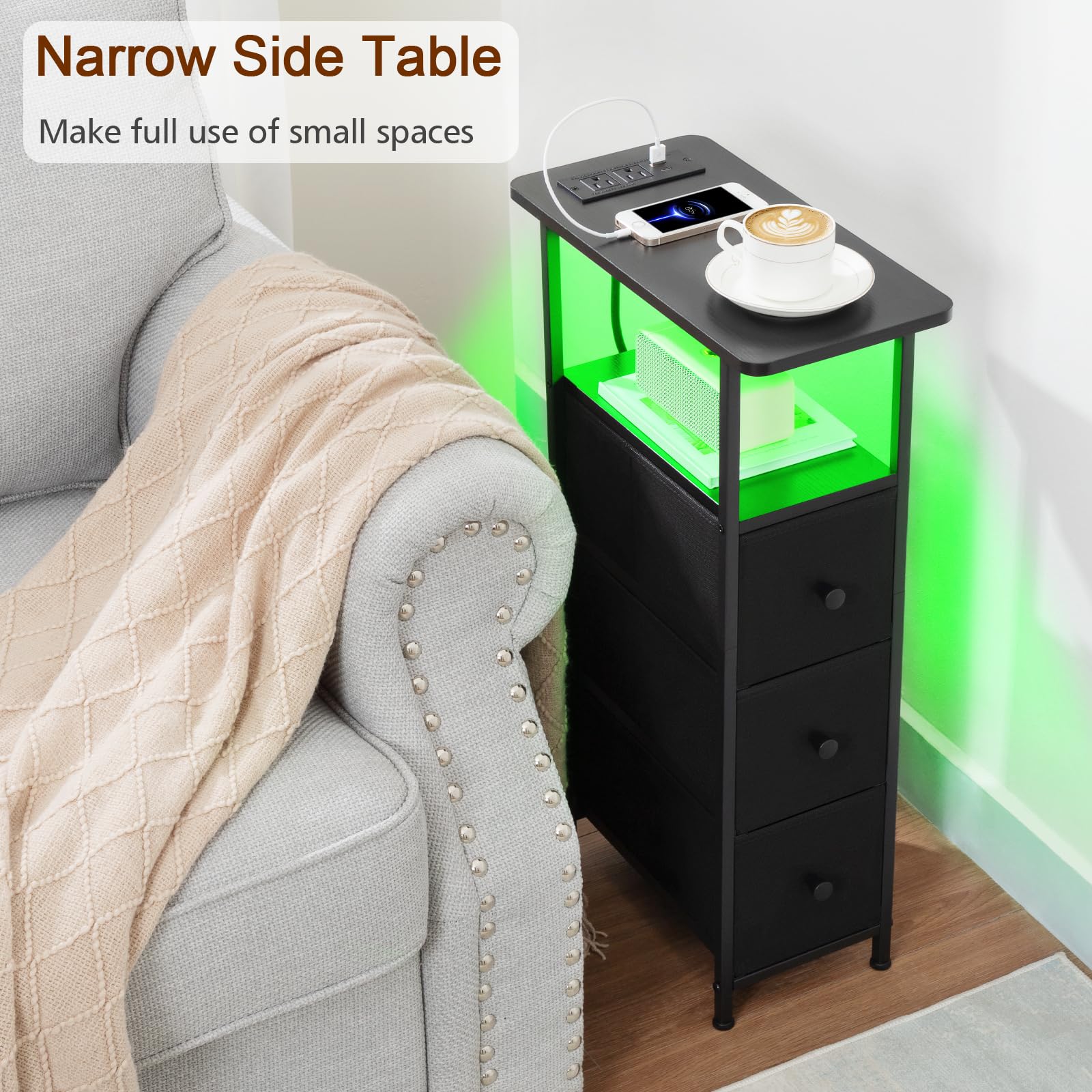 LOAKEKEL Narrow End Table with fabric drawers for organized living room storage.