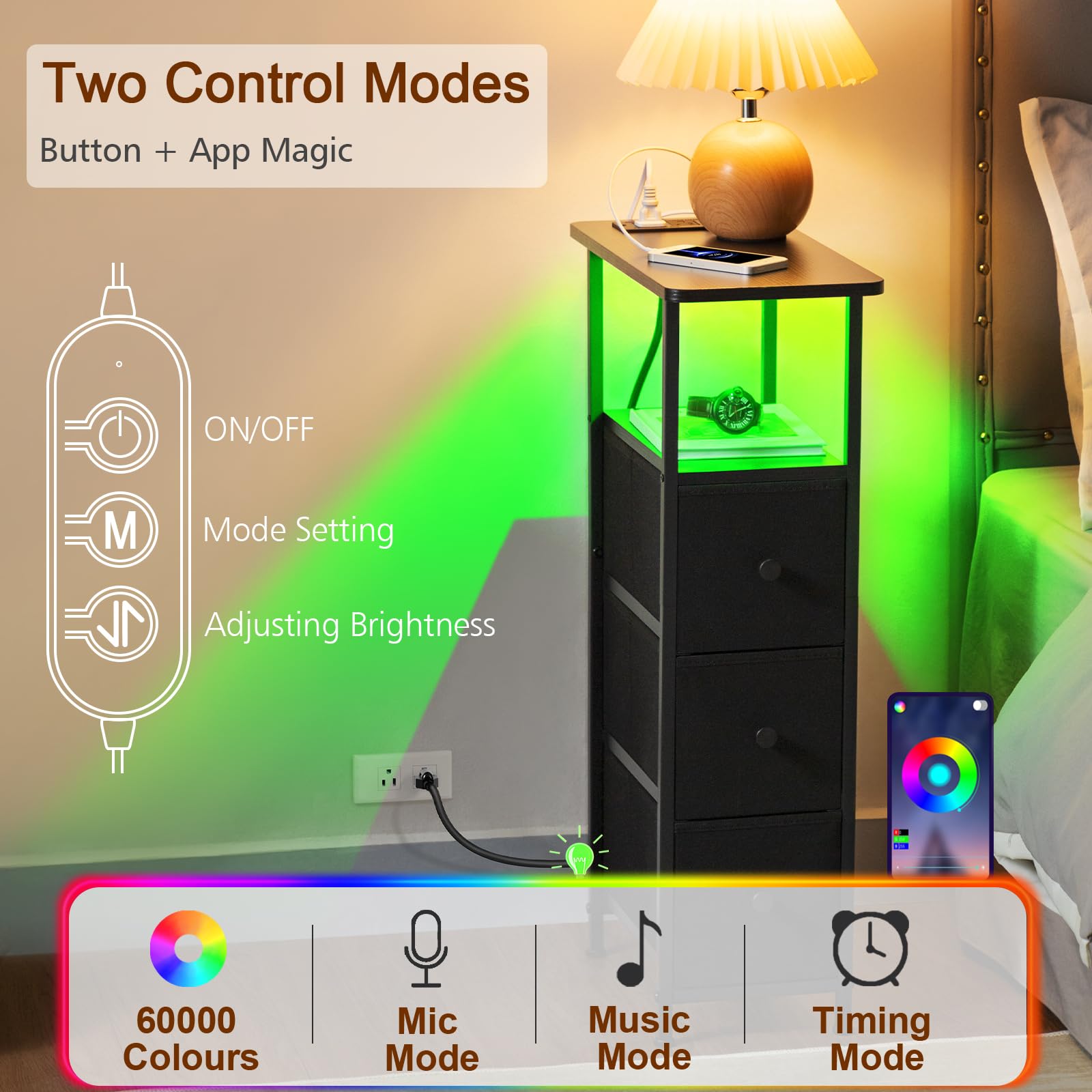 LOAKEKEL Nightstand with LED lighting for ambient bedroom glow.
