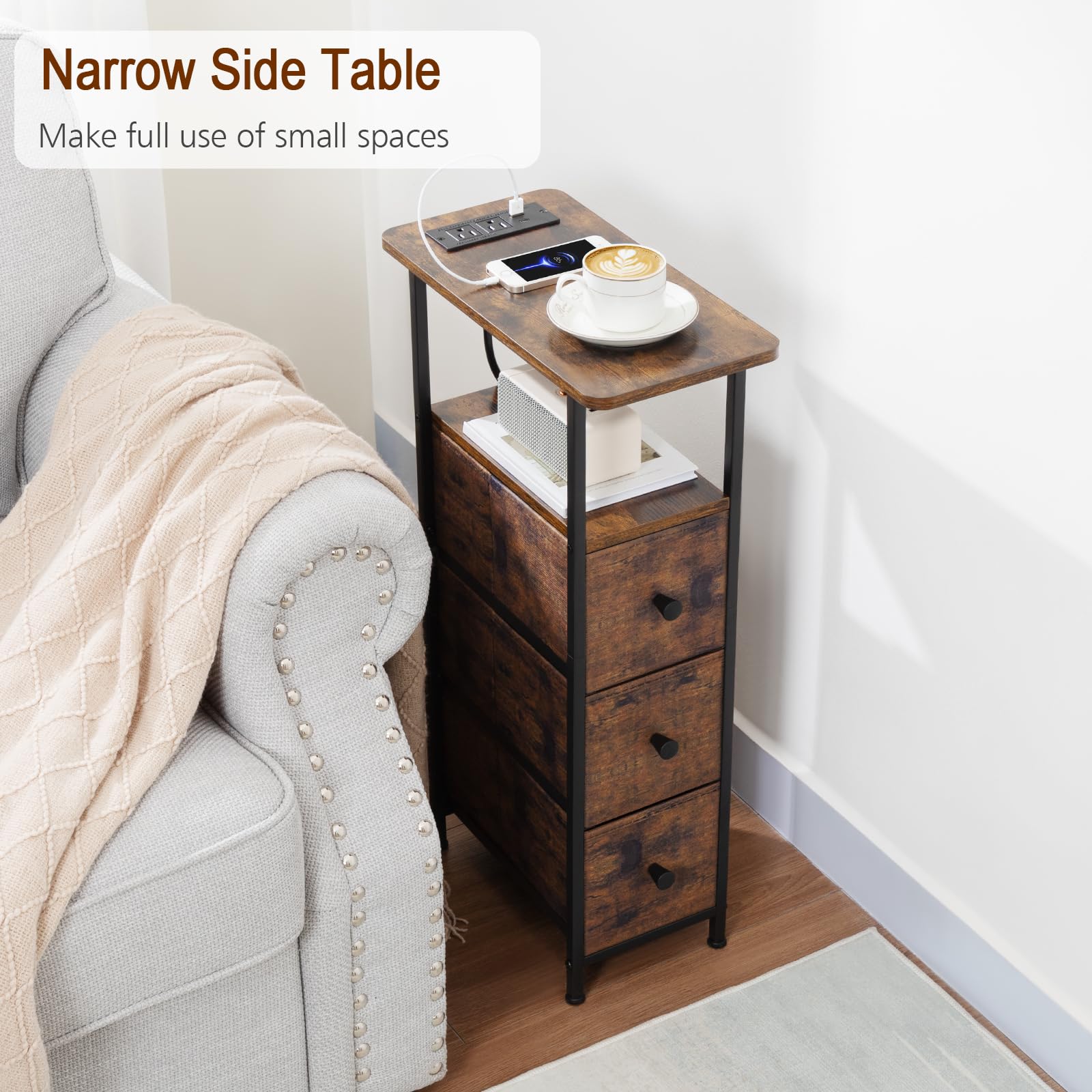 LOAKEKEL narrow end table middle shelf offers quick access to remotes.