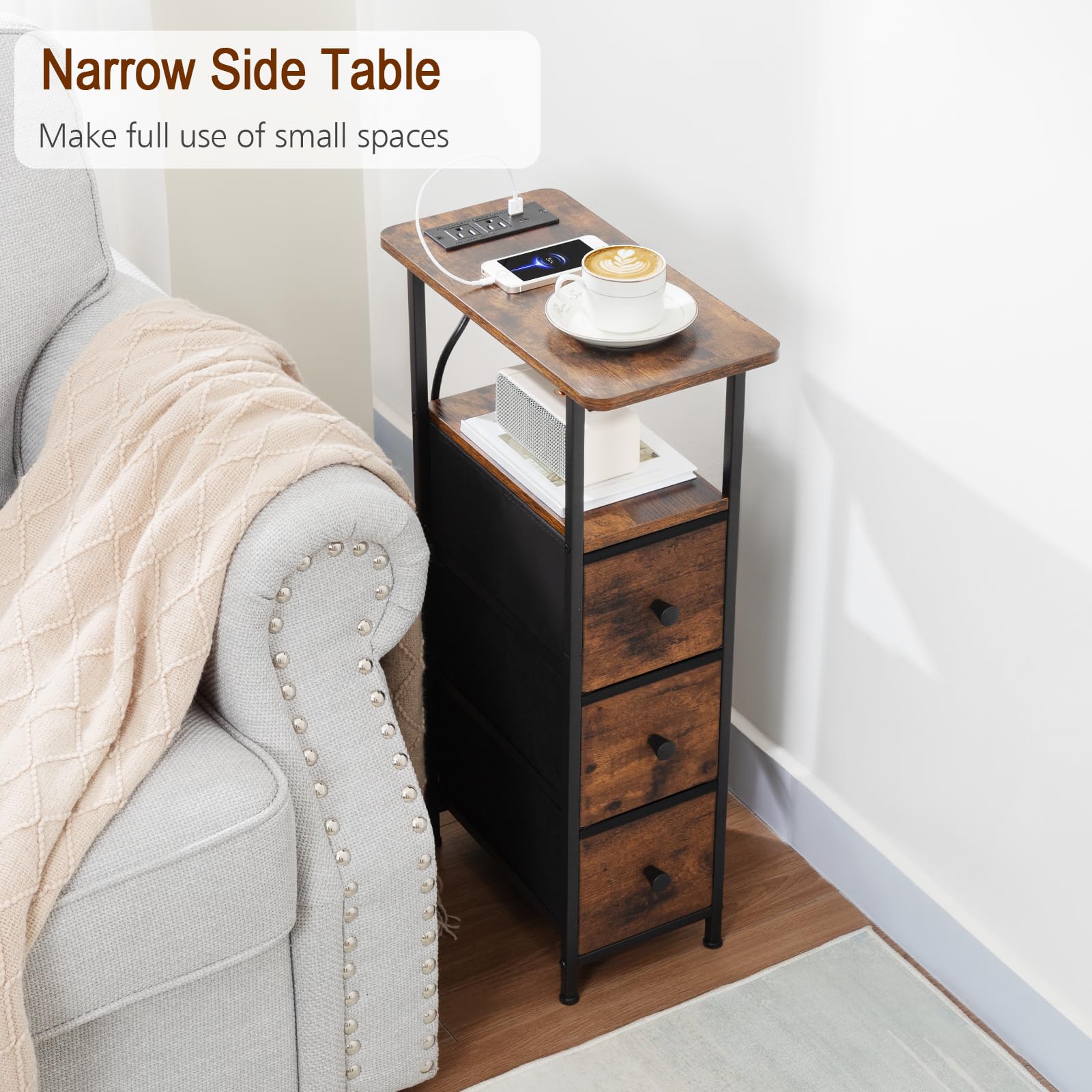 LOAKEKEL Narrow End Table side profile shows slim silhouette for compact rooms