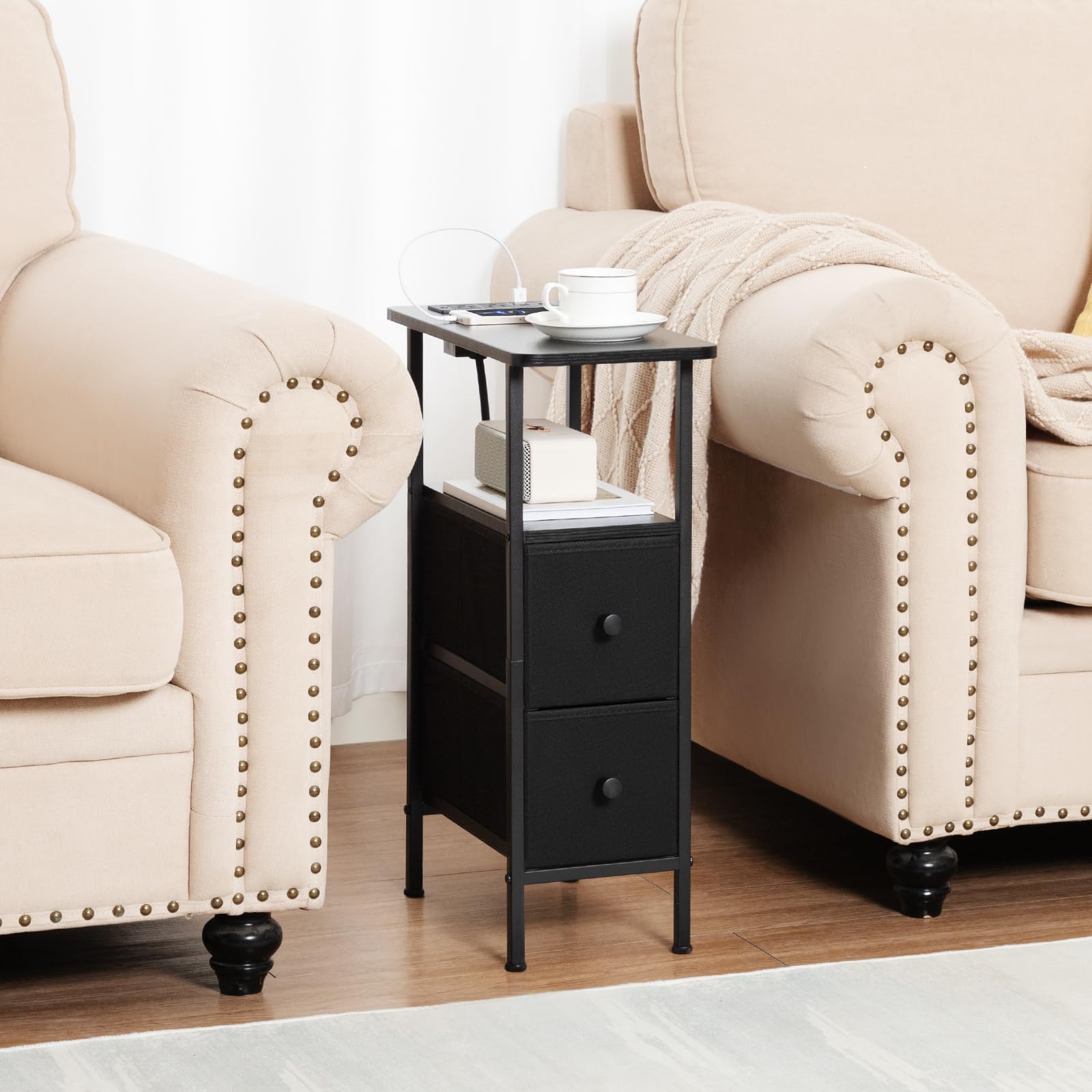 LOAKEKEL narrow end table side view highlights slim profile for tight spaces.