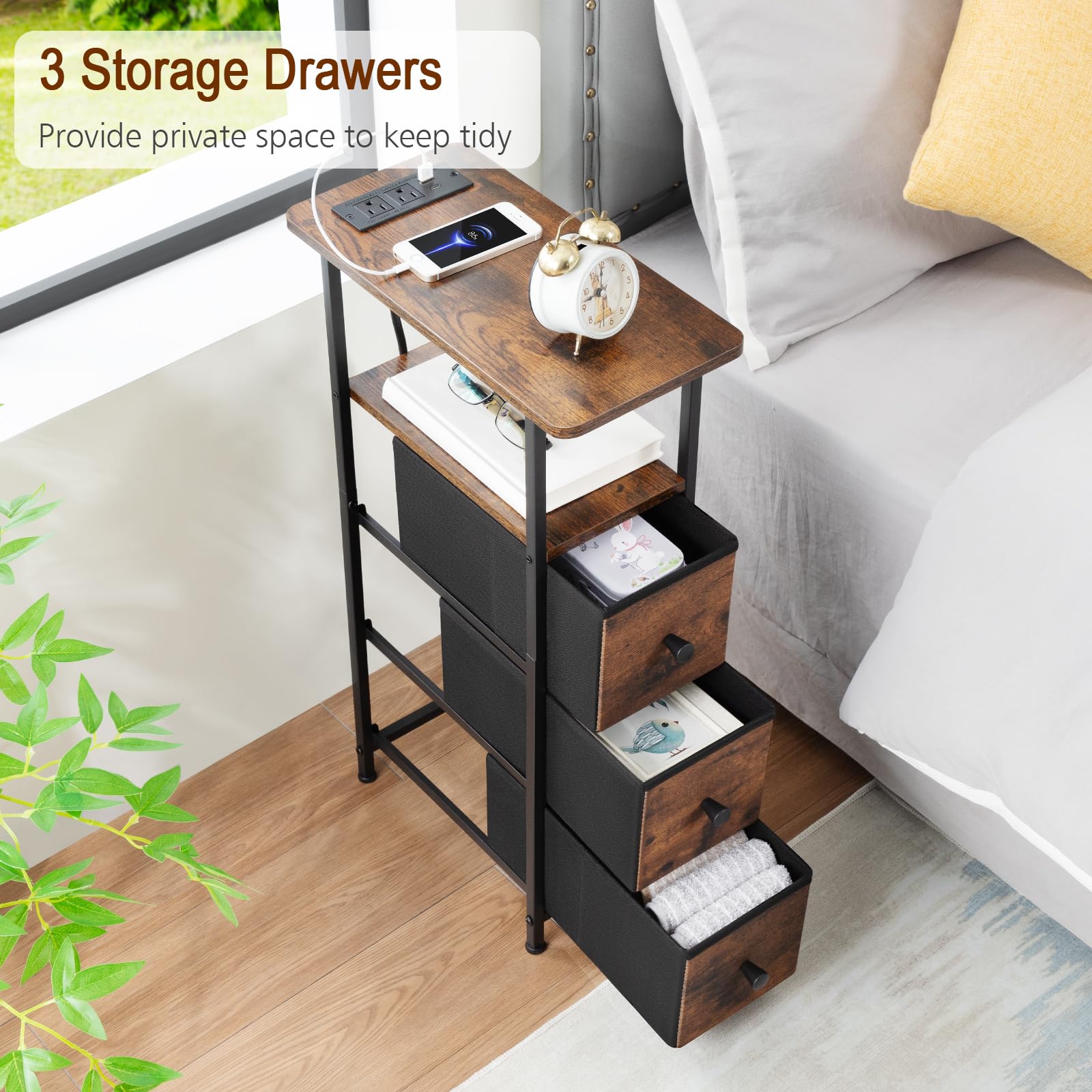 LOAKEKEL End Table wood top with metal frame for sturdy style