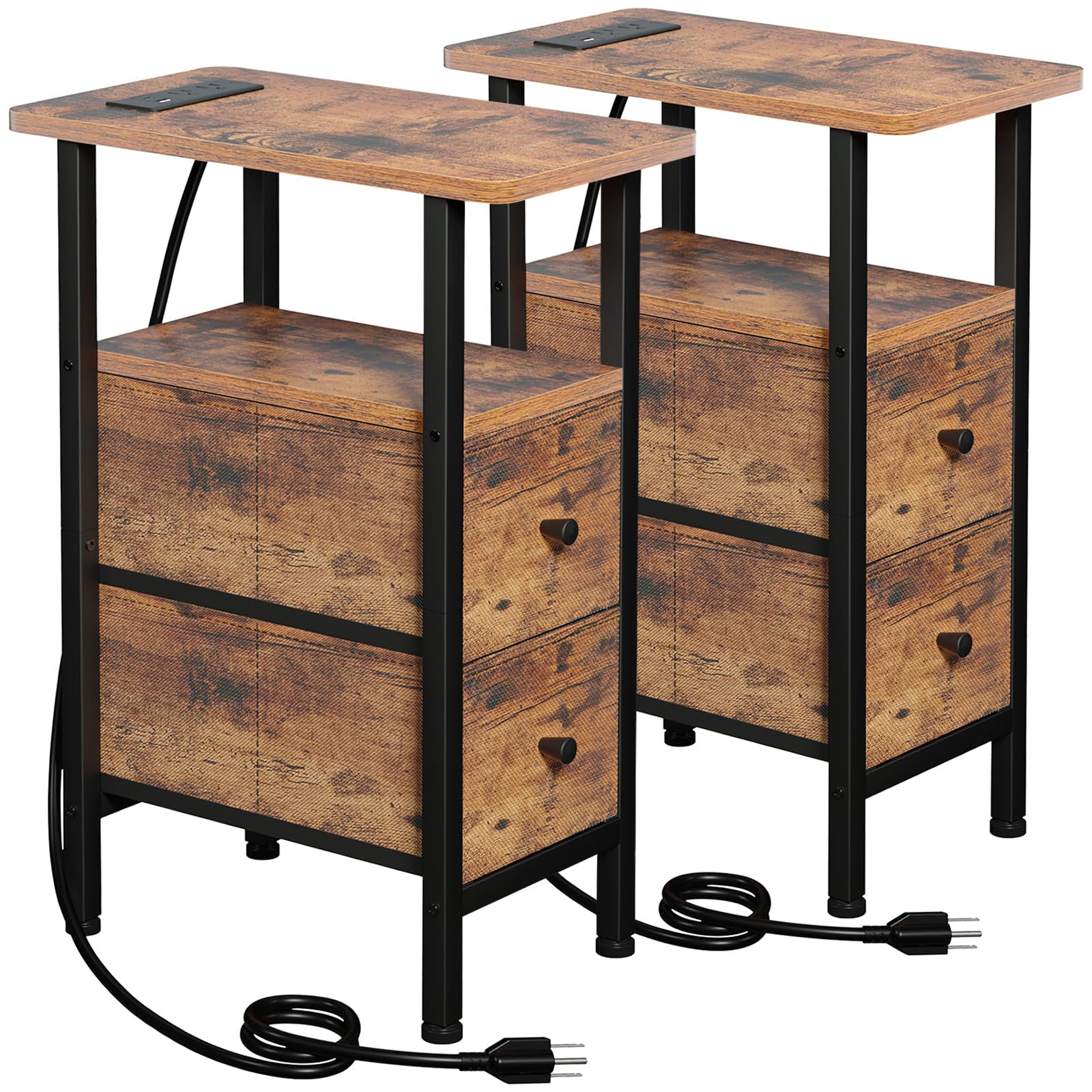 LOAKEKEL Narrow Nightstand with charging station on top, ideal for quick device charging.