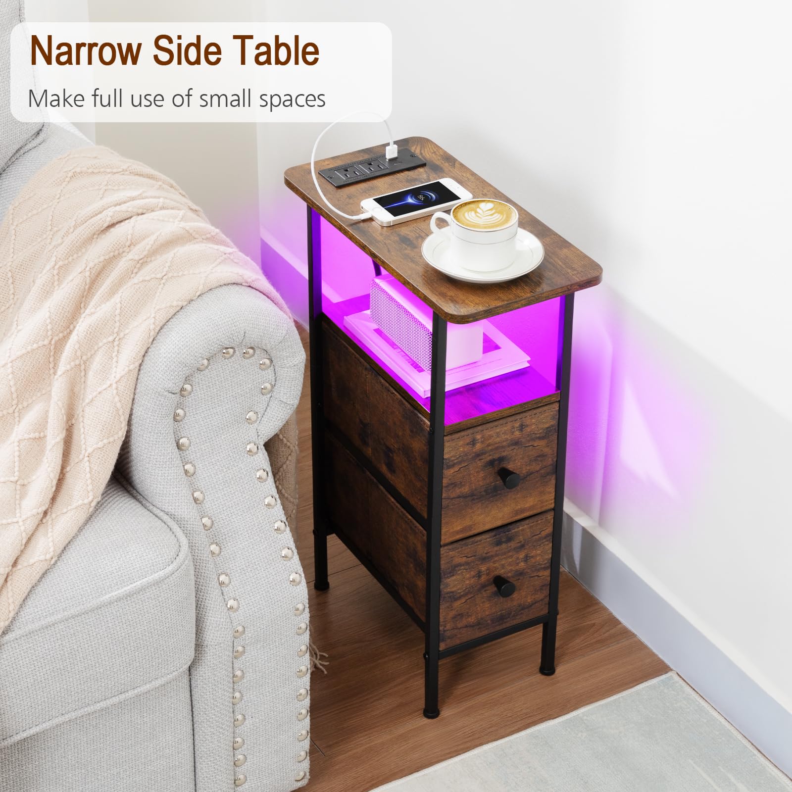 LOAKEKEL Narrow Nightstand charging station with USB-C and outlets.