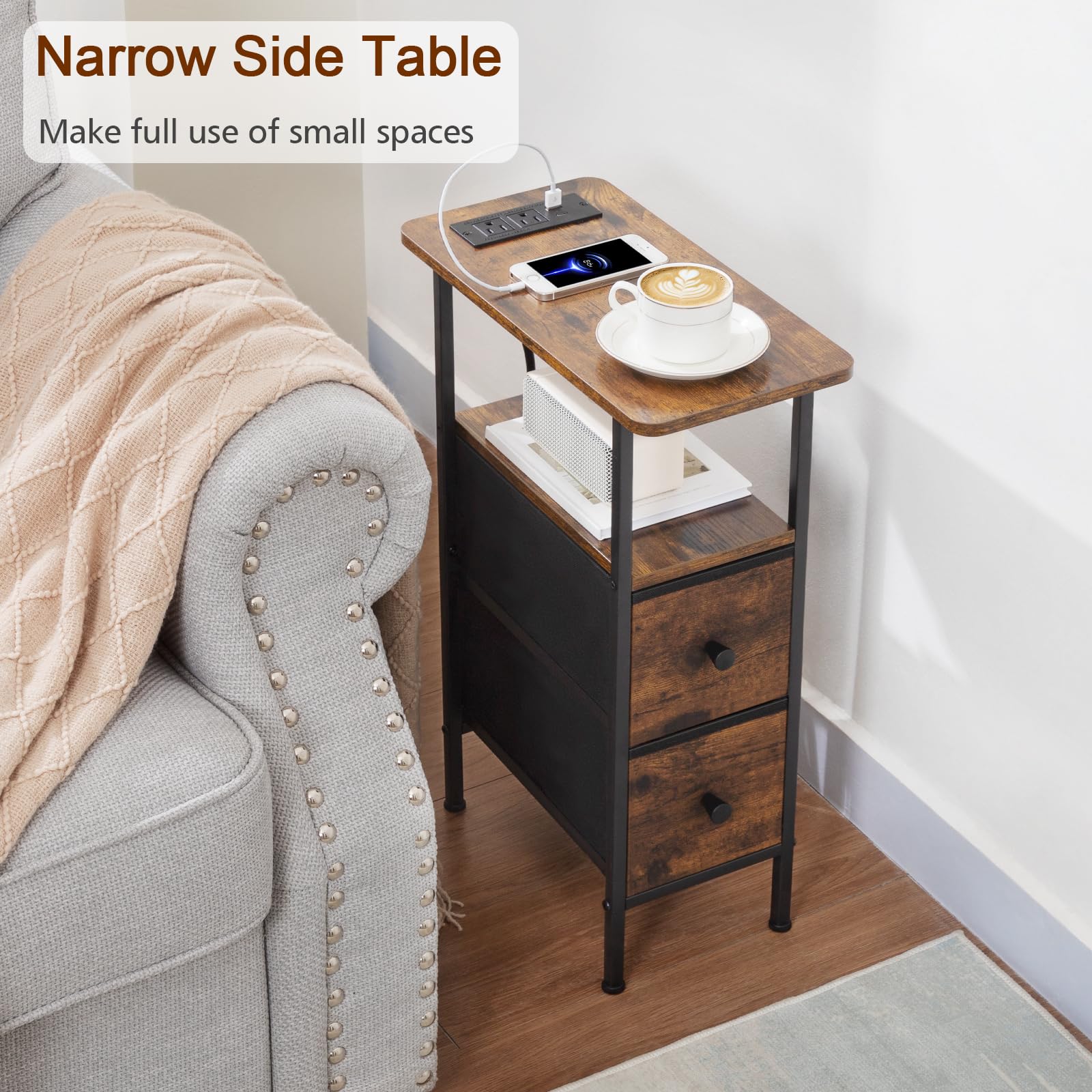 LOAKEKEL Narrow Nightstand charging station with USB and outlets for easy device charging