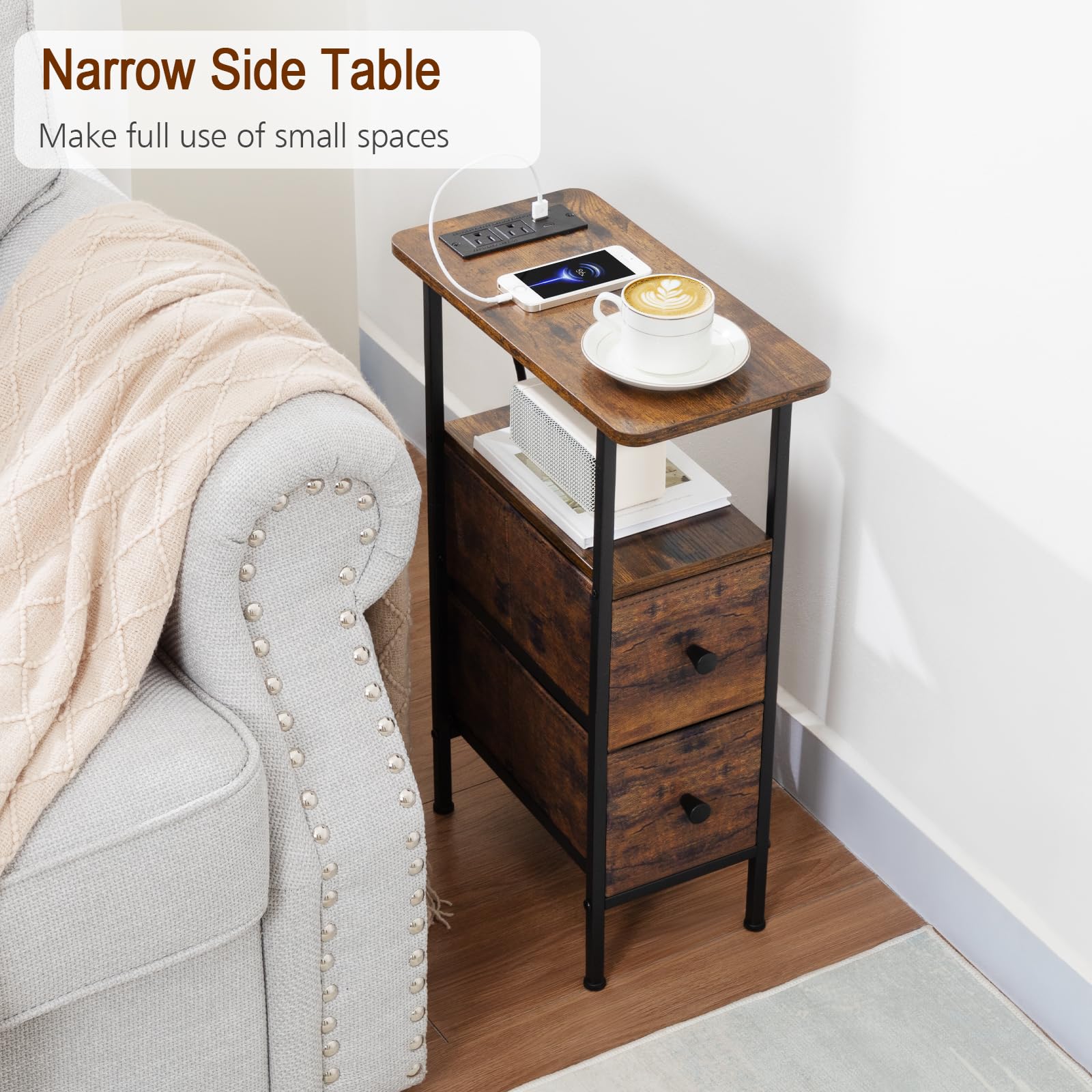 LOAKEKEL Fabric drawer front on a nightstand with wood-look print.