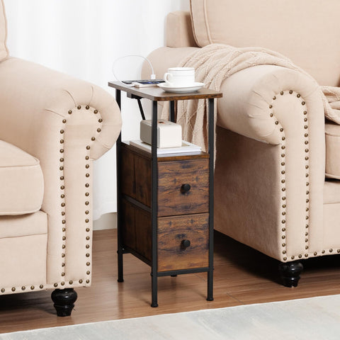 LOAKEKEL Open storage shelf beside the fabric drawer for remotes and magazines.