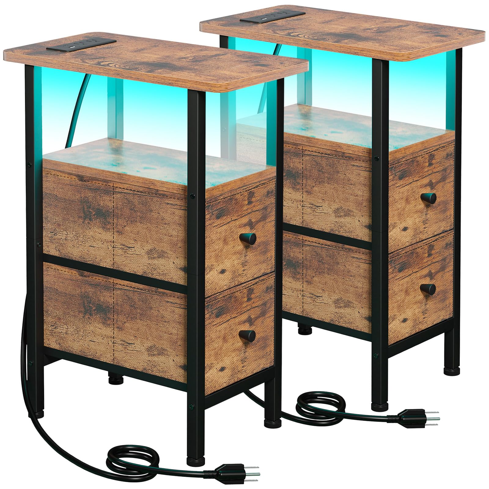 LOAKEKEL Narrow Nightstand top surface in rustic brown finish.
