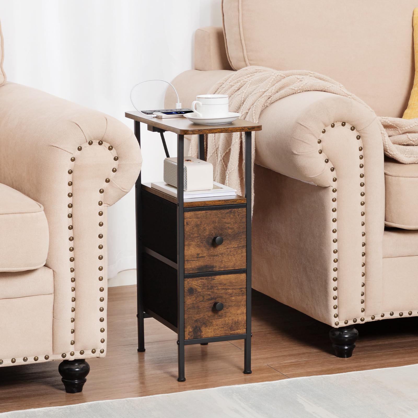 LOAKEKEL Narrow Nightstand wood-look print paired with real wood top