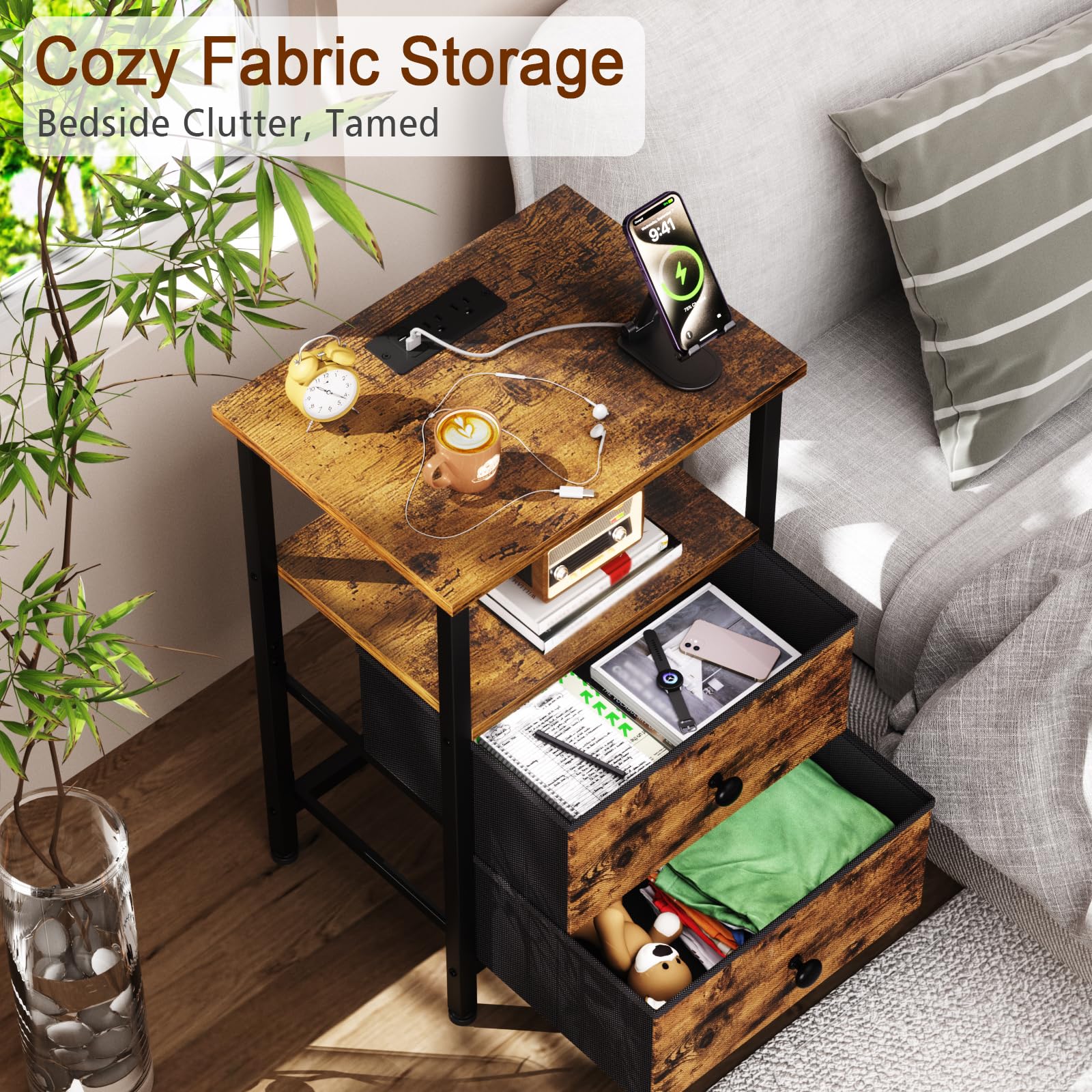 LOAKEKEL nightstand with breathable fabric drawers for clutter-free storage.