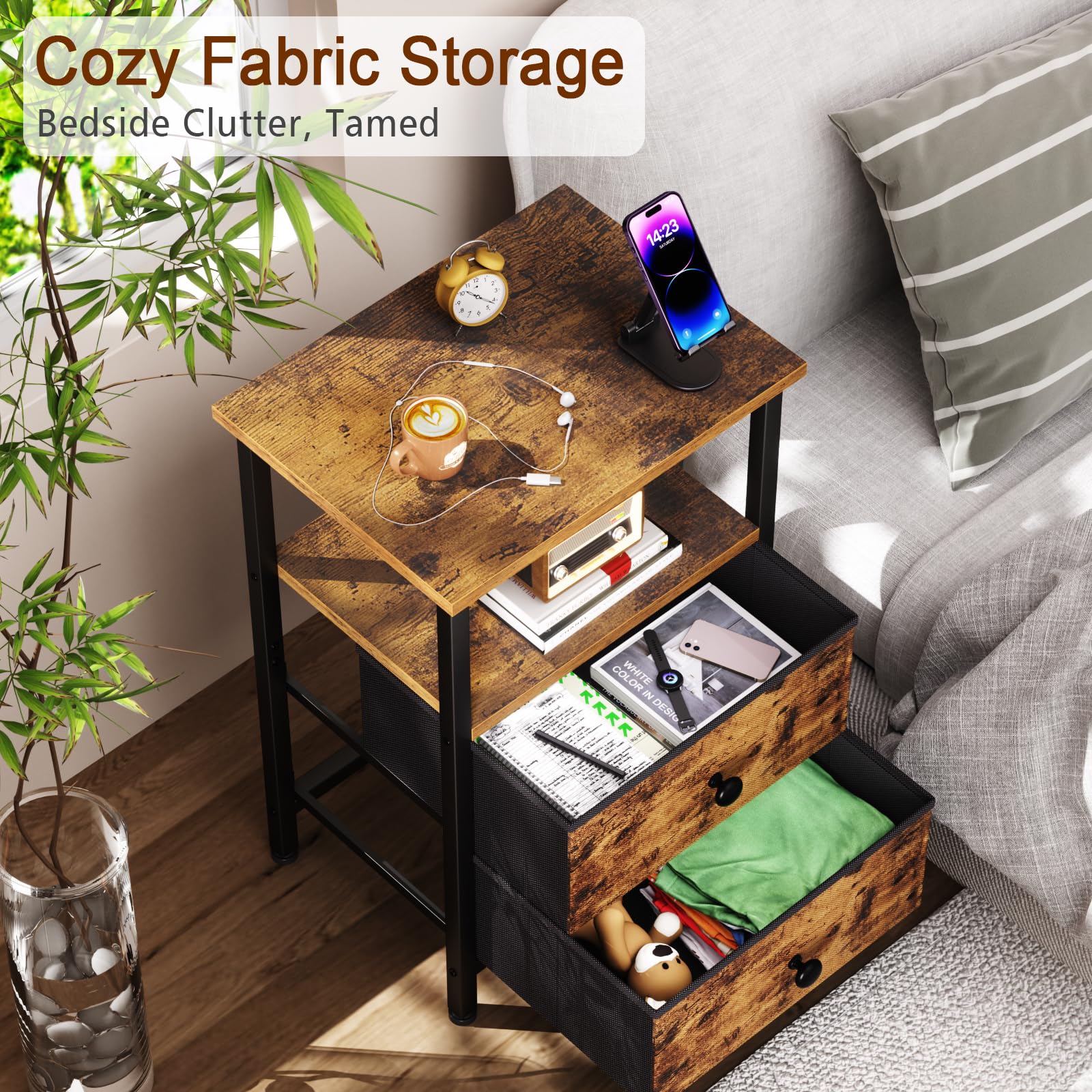 Fabric drawers on LOAKEKEL nightstands keep small items tucked away.