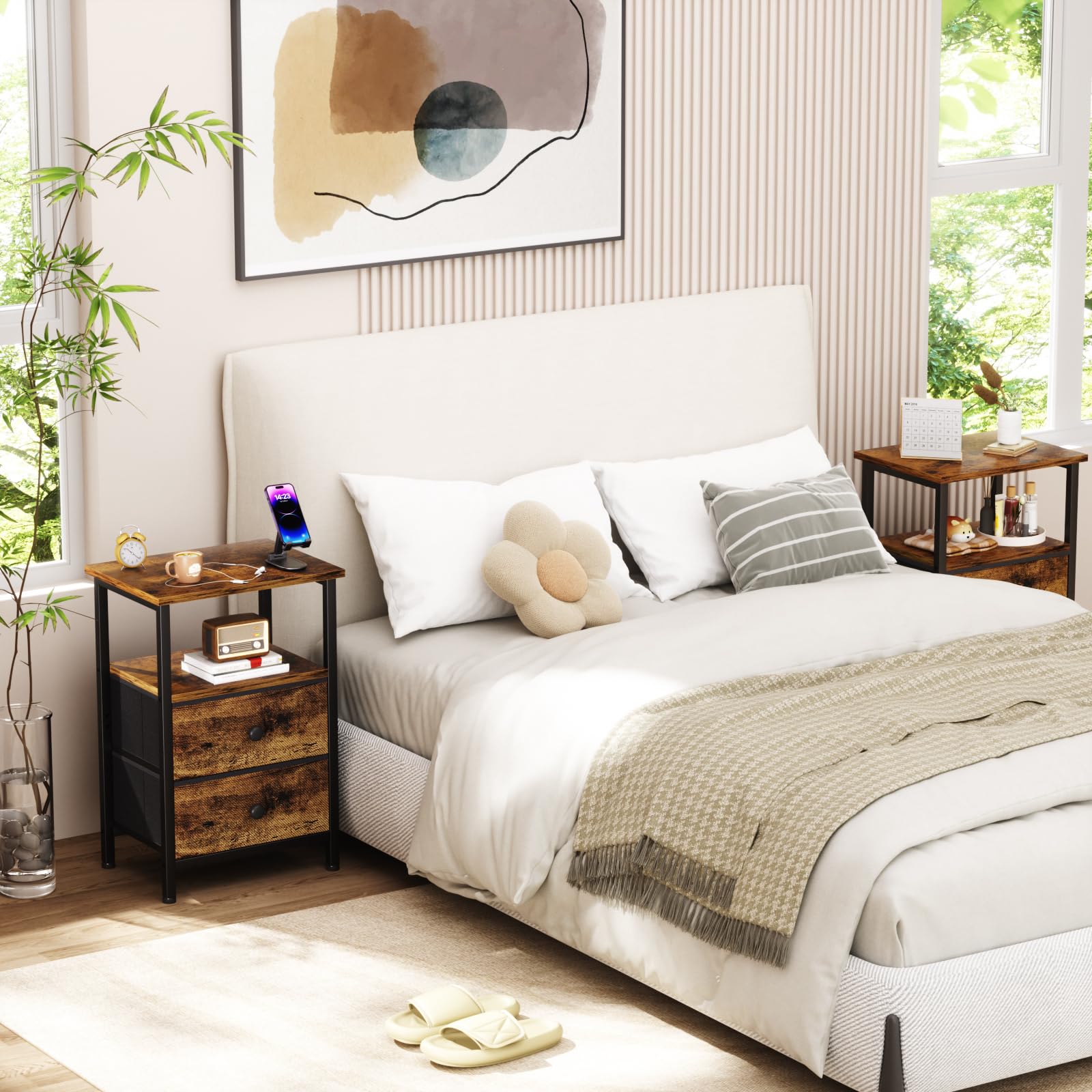 Symmetric LOAKEKEL design featuring open shelf on each nightstand.