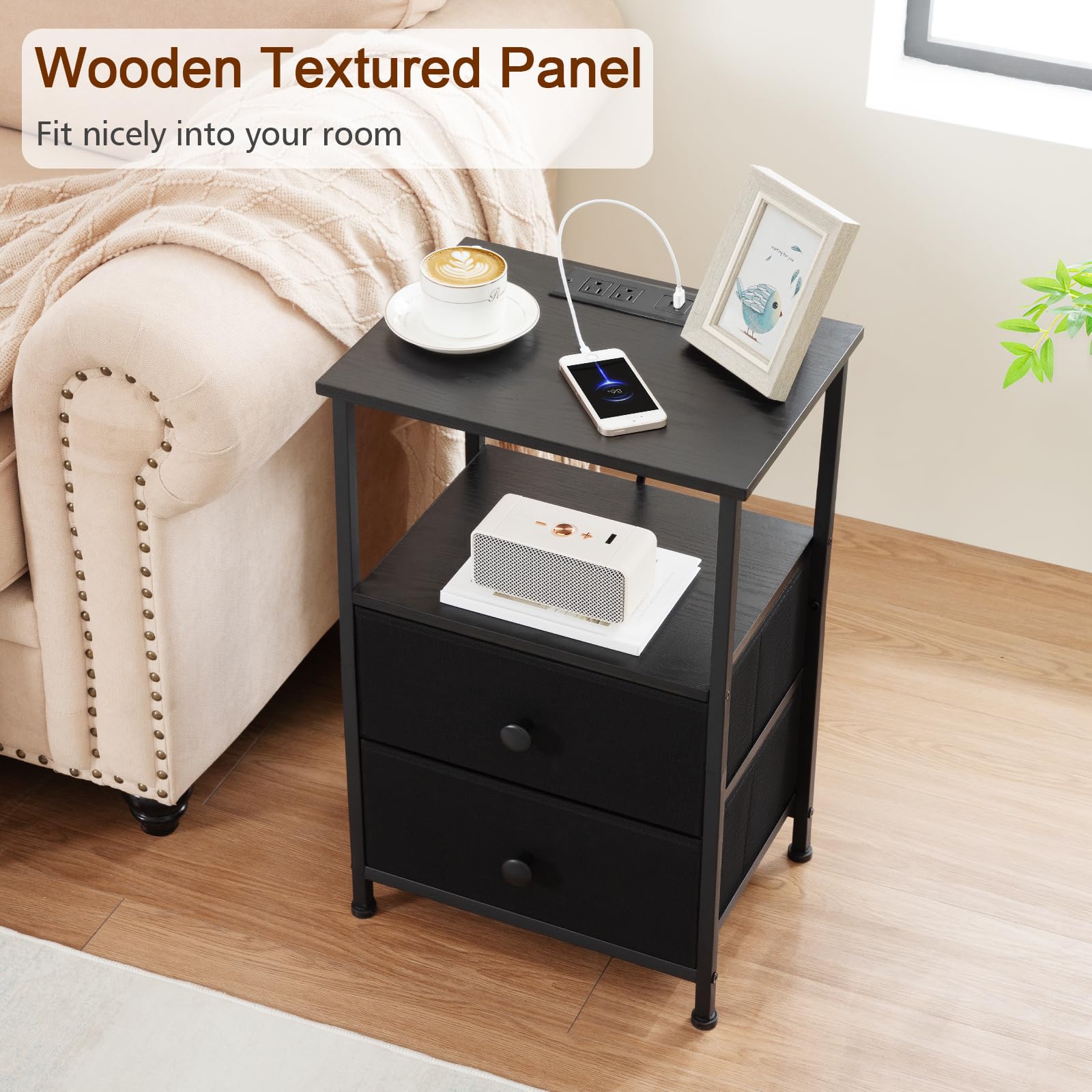 LOAKEKEL nightstand set 2 black — bedroom scene with lamps and books