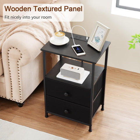 LOAKEKEL nightstand set 2 black — bedroom scene with lamps and books