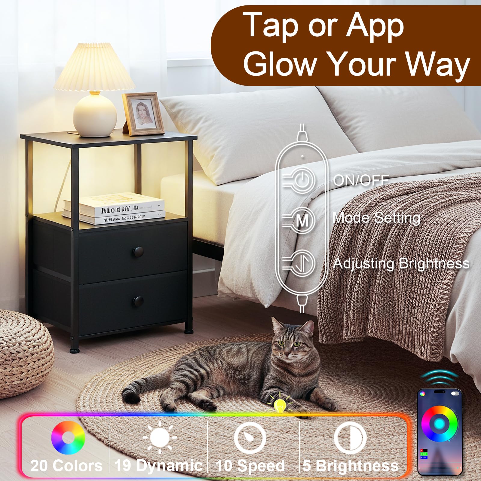 LOAKEKEL nightstand storage shelf provides open space for books and decor.