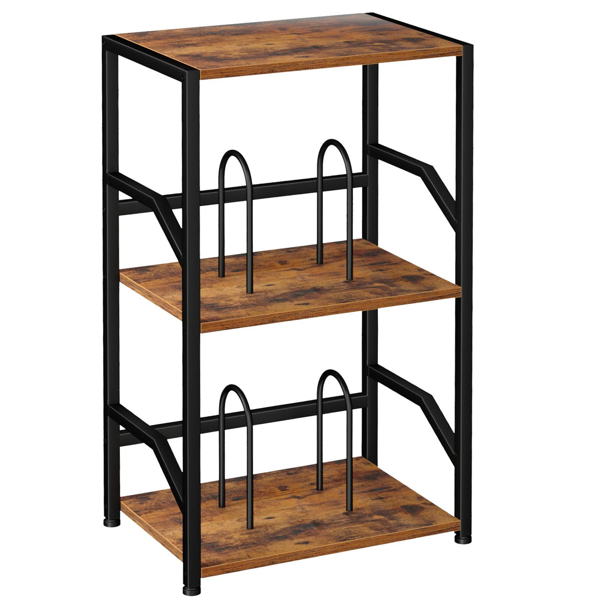 LOAKEKEL record player stand front view highlights three-tier design for organized vinyl storage