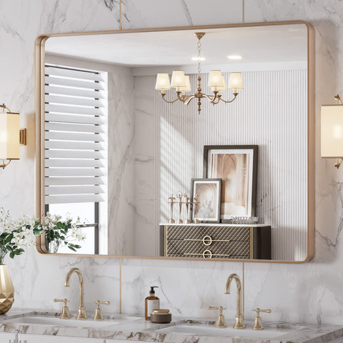LOAAO 40x30 gold bathroom mirror with rounded rectangle silhouette for distortion-free viewing