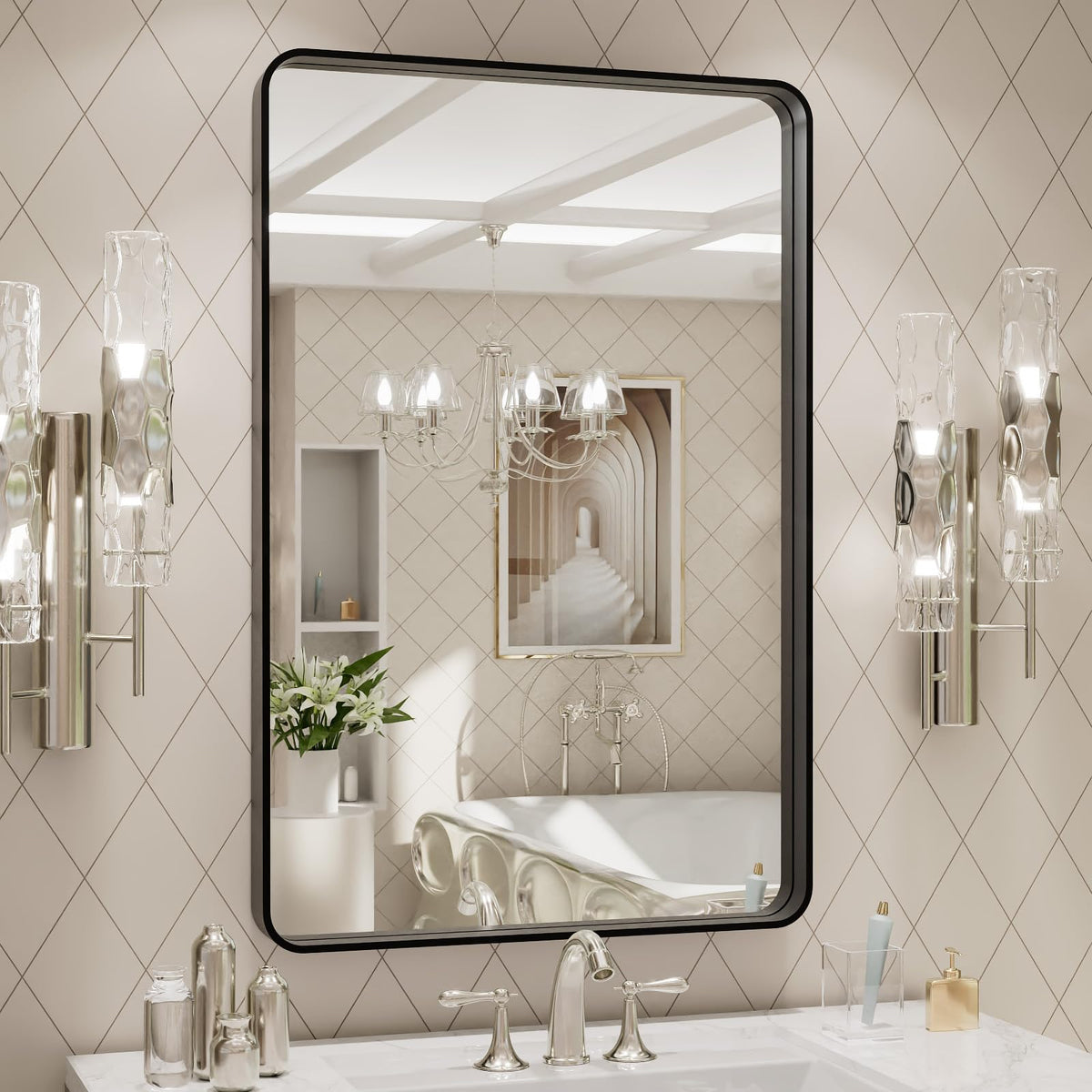 LOAAO 24x30 inch bathroom mirror with black metal frame offering distortion-free reflection.