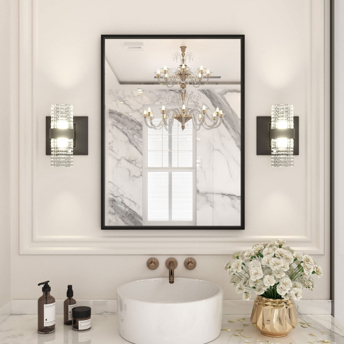LOAAO 22x30 black rectangle mirror frame closeup with distortion-free reflection.