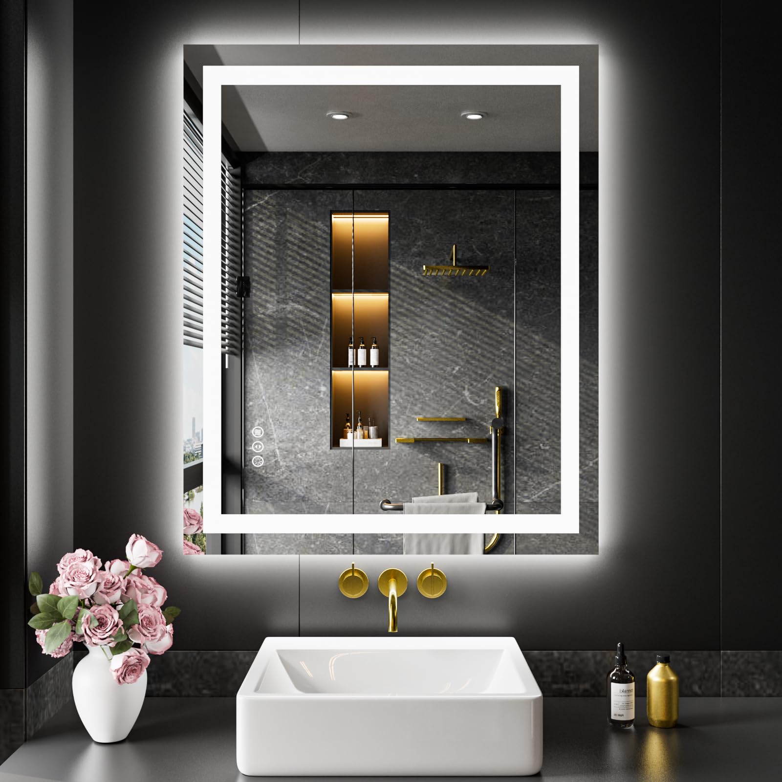 LOAAO 28x36 LED mirror with backlit and front-lit glow for precise makeup.