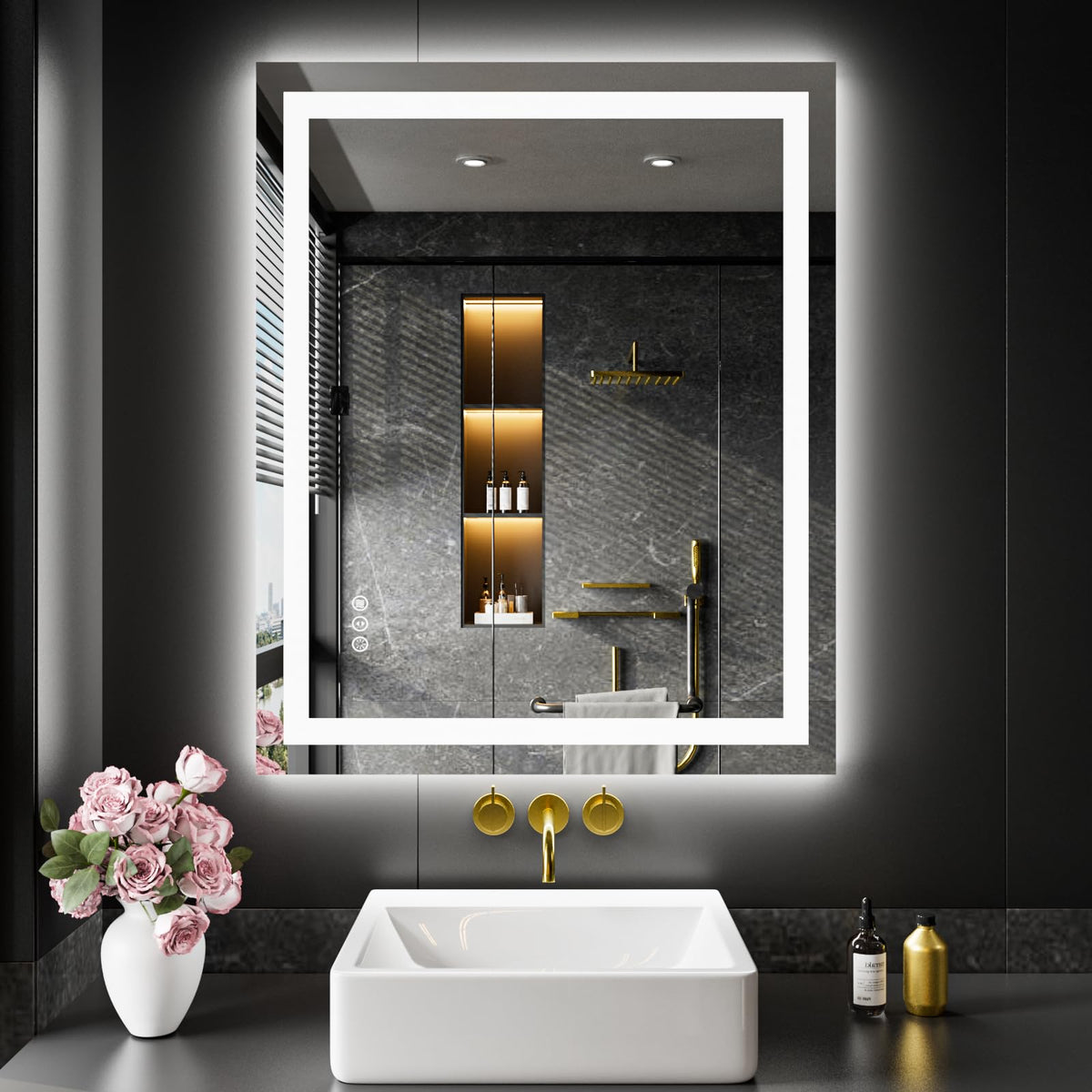 LOAAO 28x36 LED mirror with backlit and front-lit glow for precise makeup.