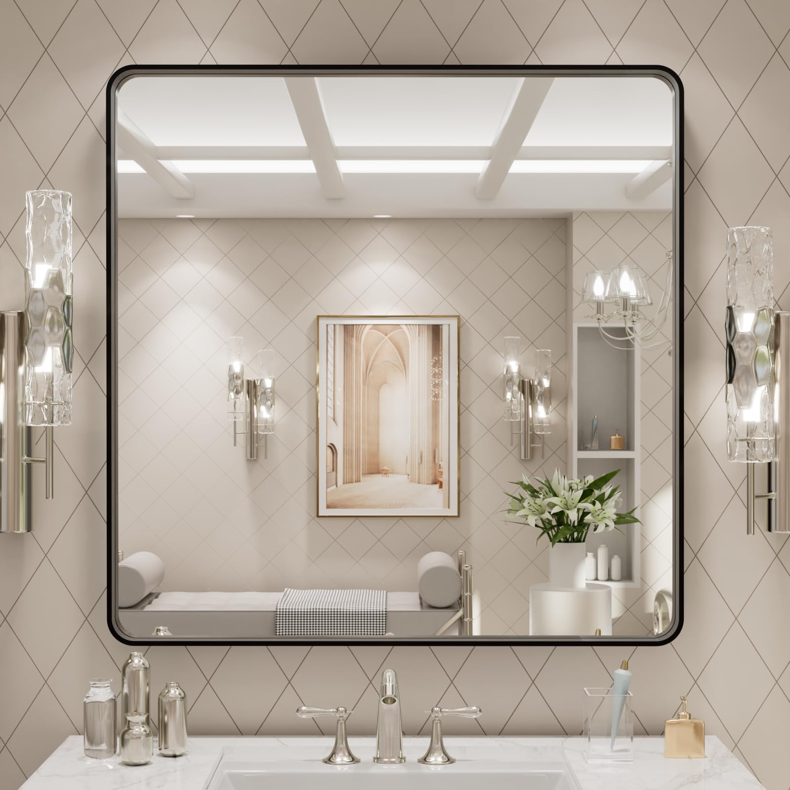LOAAO 30x30 inch black metal framed mirror for crisp grooming reflections.