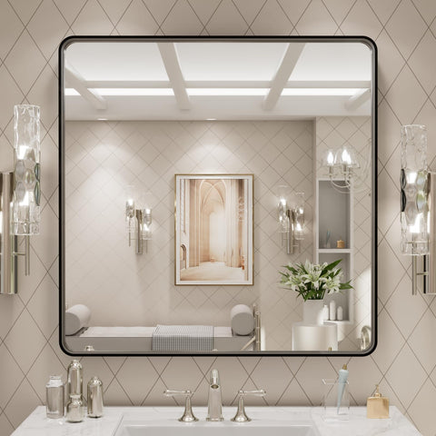 LOAAO 30x30 inch black metal framed mirror for crisp grooming reflections.