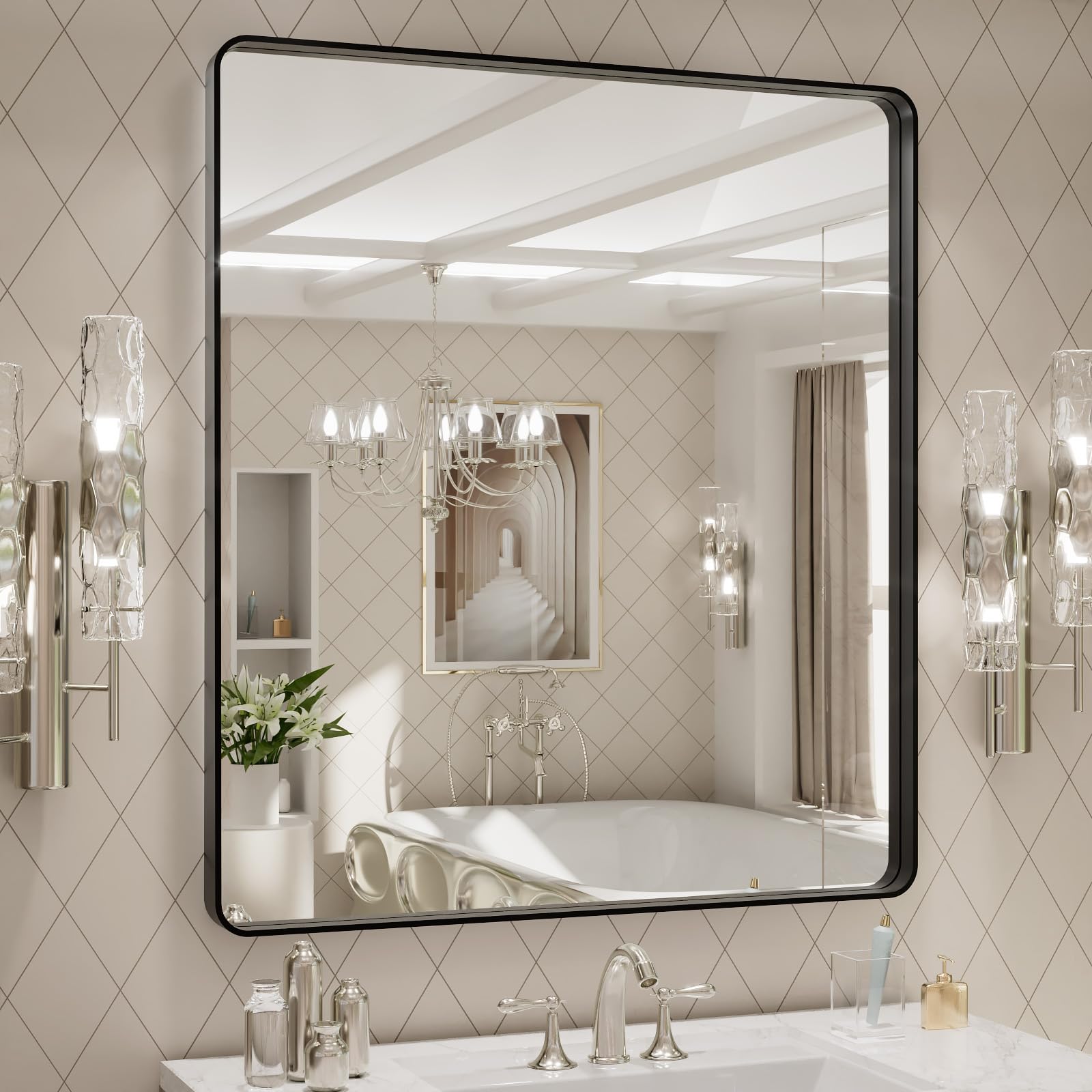LOAAO 32x36 inch mirror with black frame offers a clear bathroom reflection