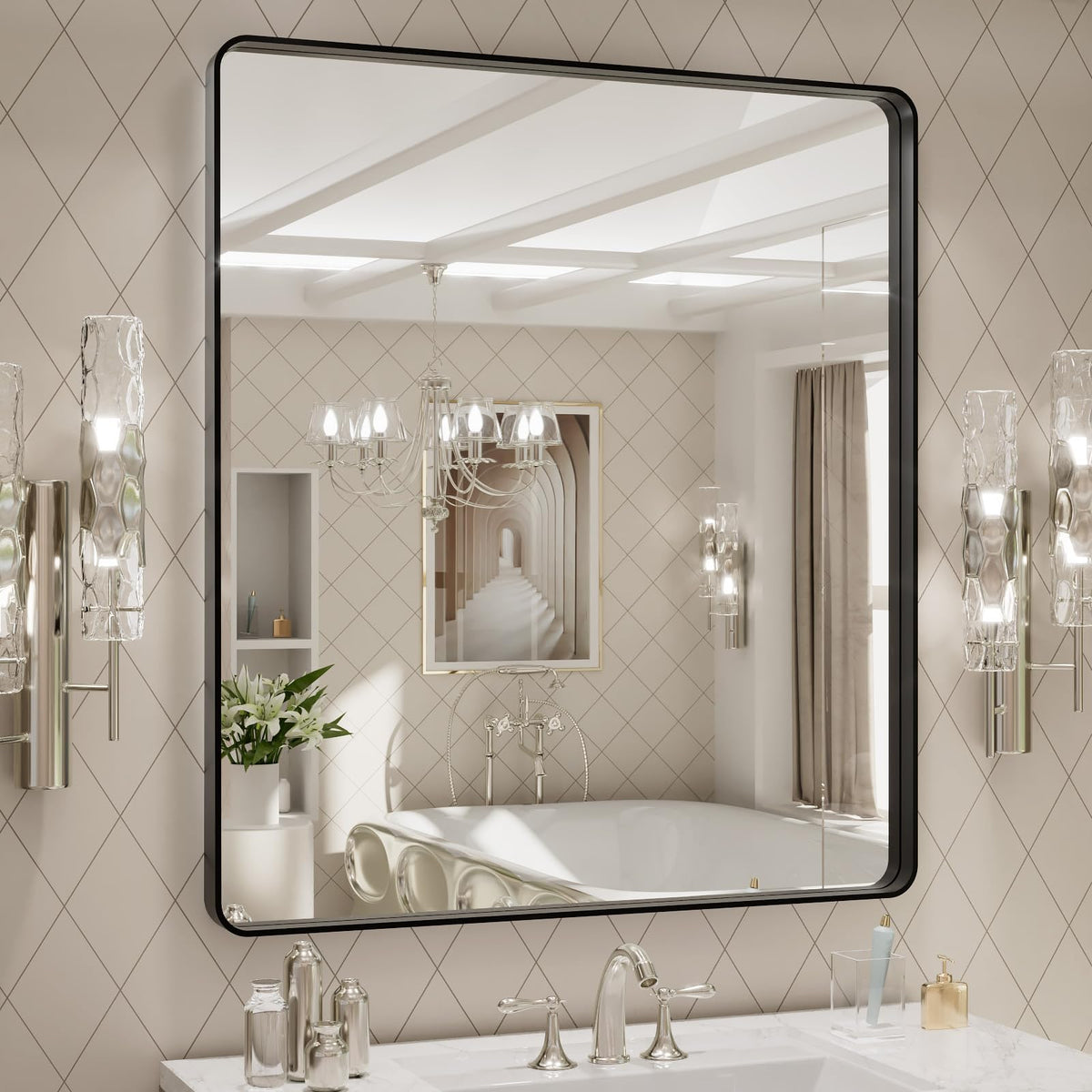 LOAAO 32x36 inch mirror with black frame offers a clear bathroom reflection