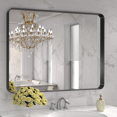 LOAAO 40x32 inch black metal framed bathroom mirror offers a wide, clear vanity reflection.