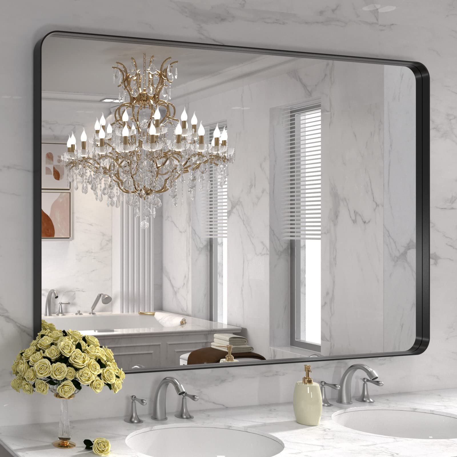LOAAO bathroom mirror angled view shows sleek black metal frame and dimensions.