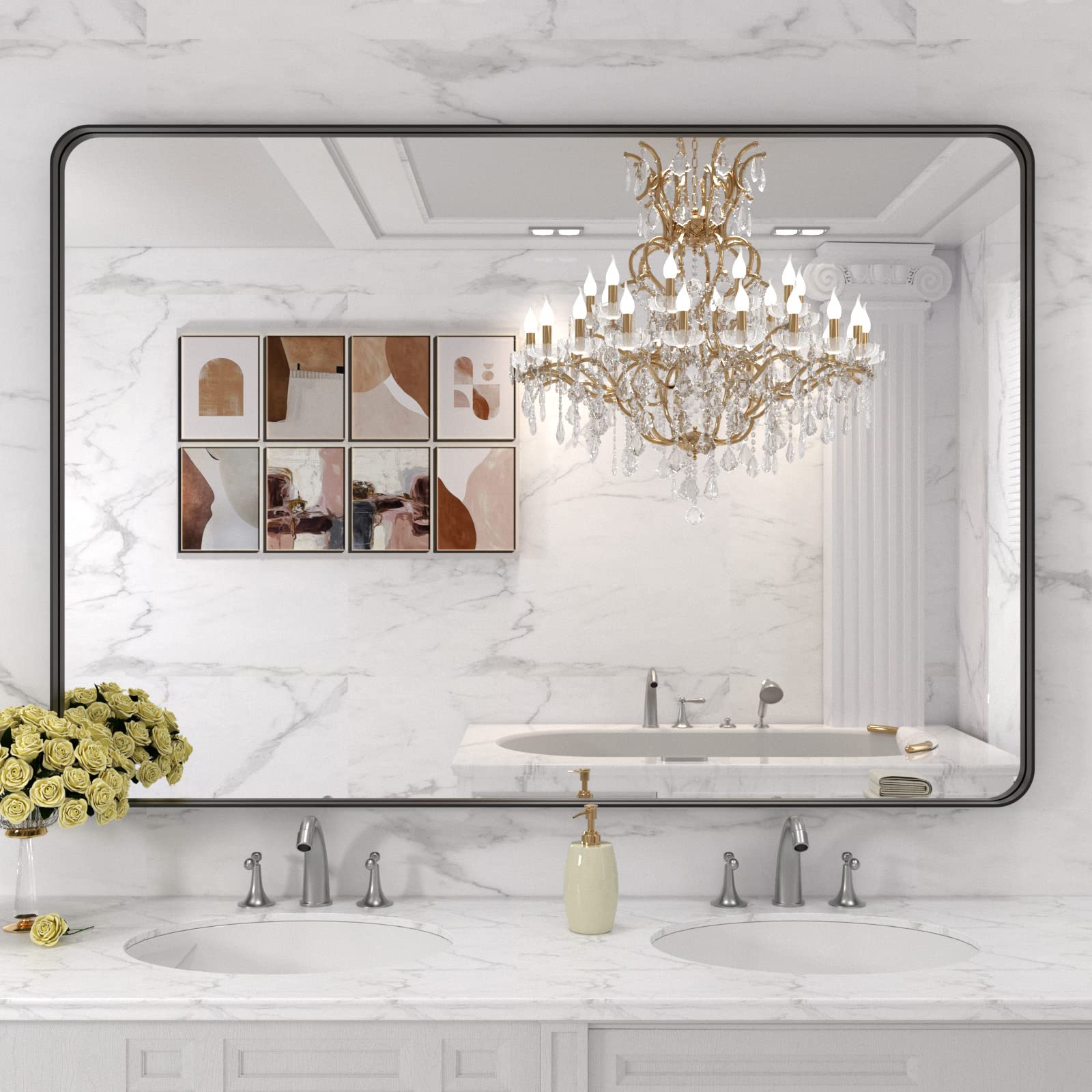 LOAAO farmhouse decor setup using the mirror to complement rustic vanity.