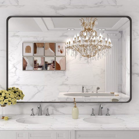 LOAAO farmhouse decor setup using the mirror to complement rustic vanity.