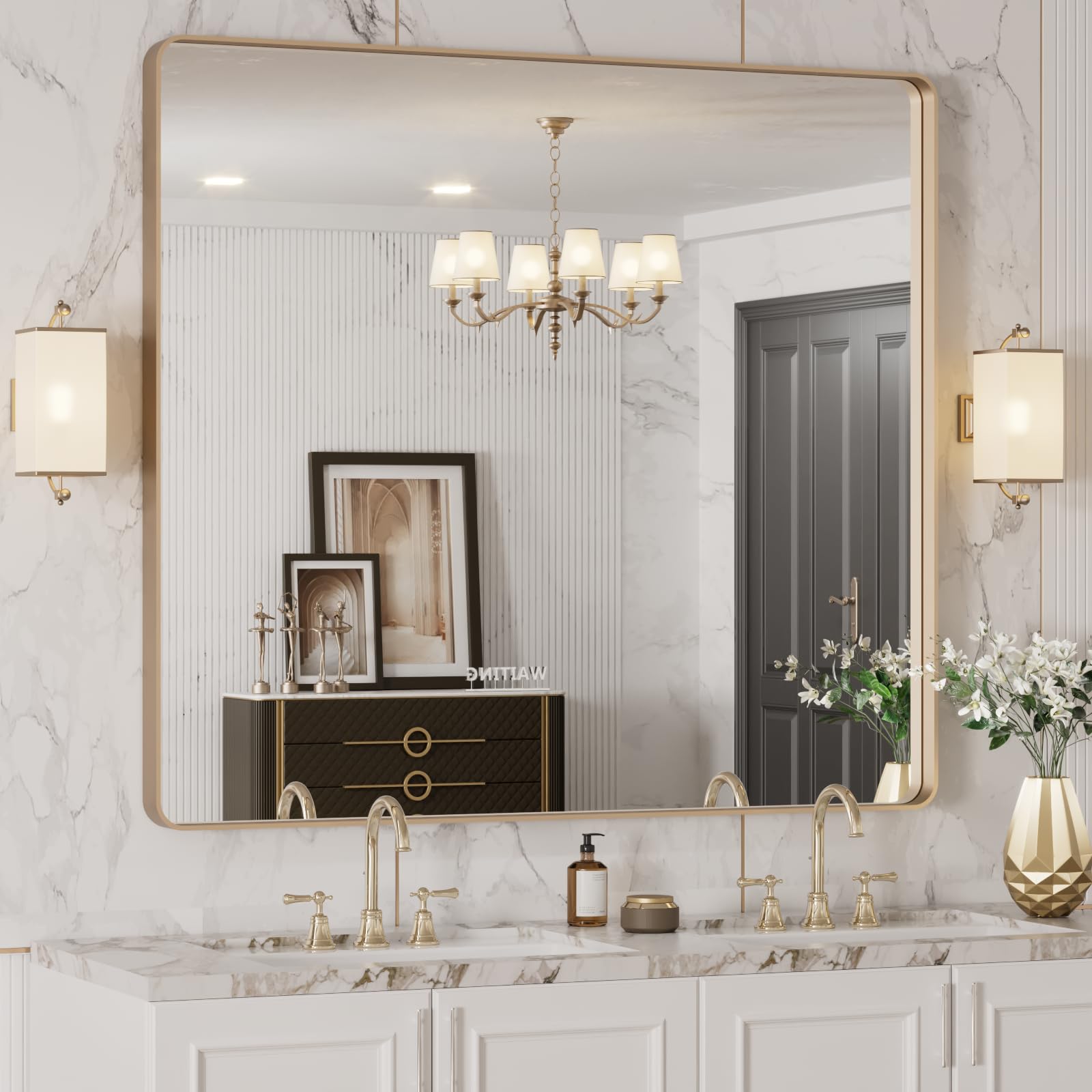 LOAAO bathroom mirror with rounded gold frame for a timeless focal point