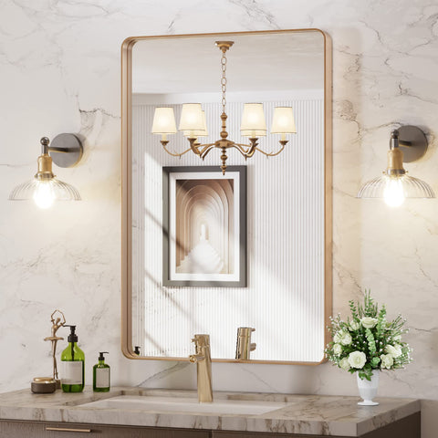 LOAAO rounded gold bathroom mirror with brushed frame and distortion-free reflection
