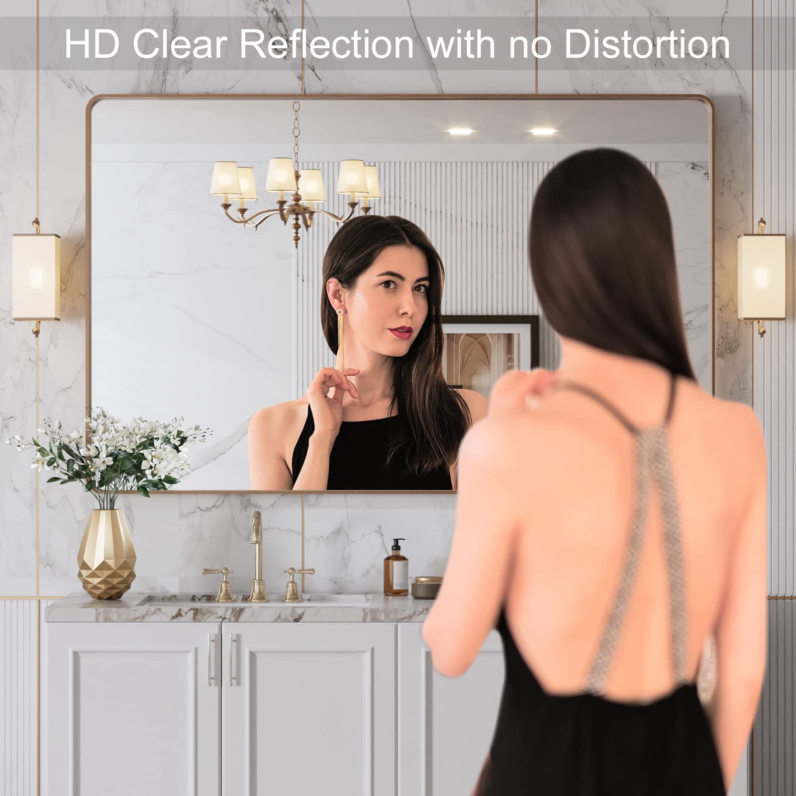 LOAAO brushed gold frame mirror enhances vanity with a luxe, rust-resistant finish