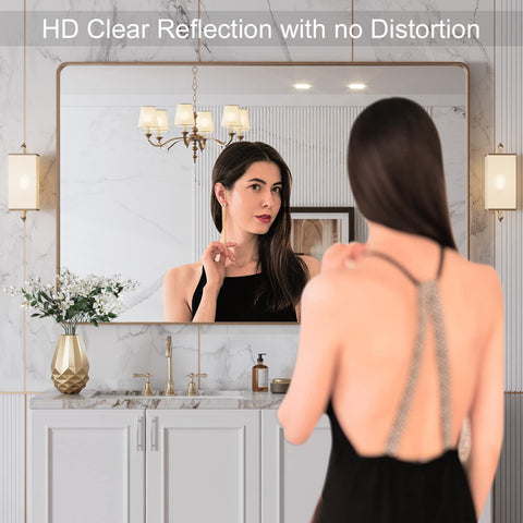 LOAAO brushed gold frame mirror enhances vanity with a luxe, rust-resistant finish