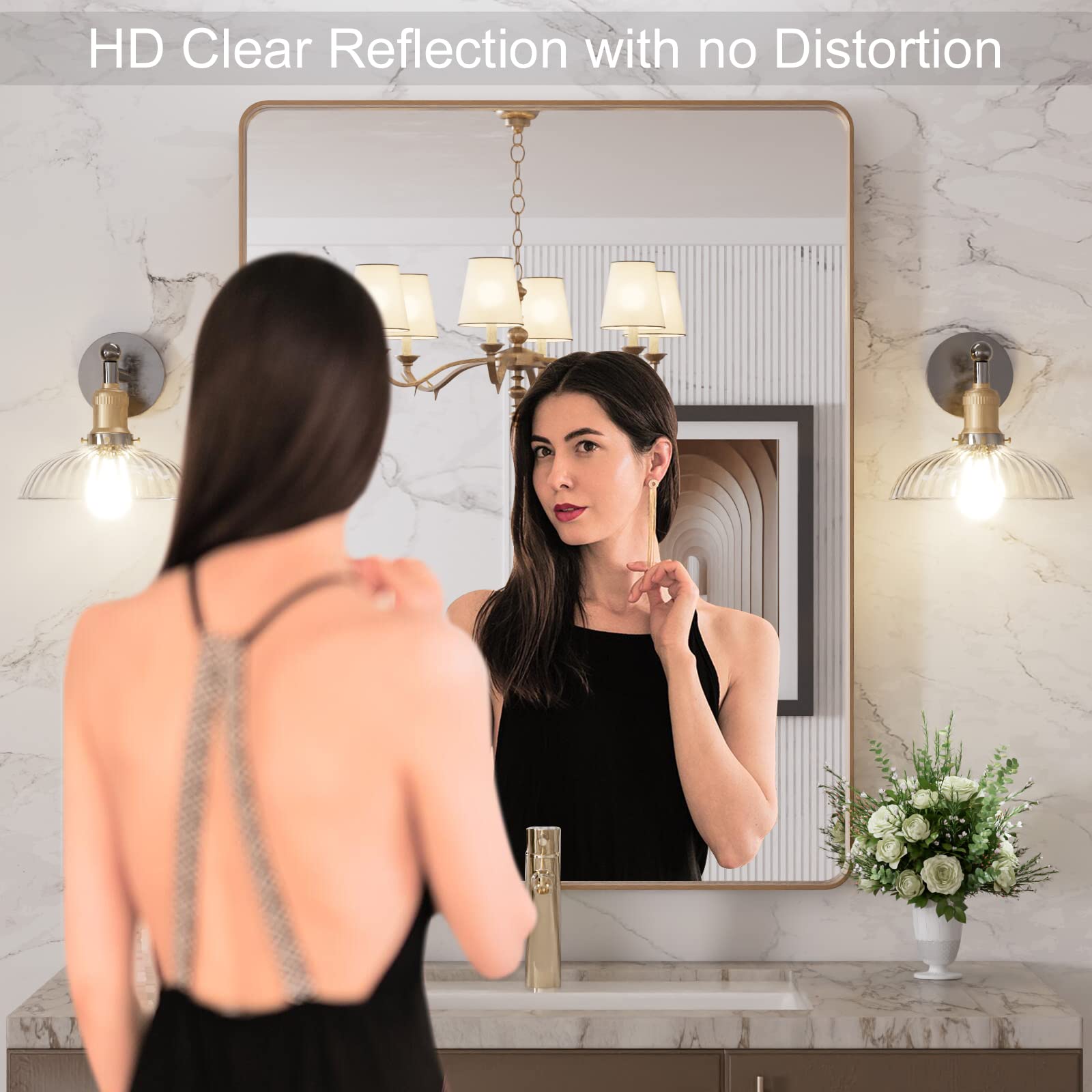 LOAAO brushed gold mirror mounted on wall for secure, easy installation