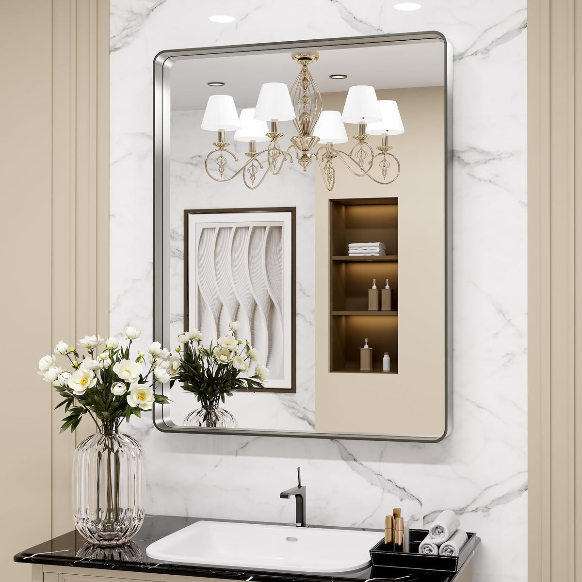 LOAAO brushed-nickel bathroom mirror with rounded-rectangle frame for a modern focal point