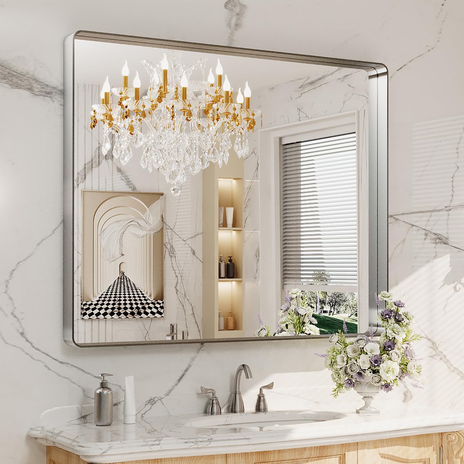 LOAAO brushed nickel mirror with rounded rectangle frame for a crisp, modern reflection