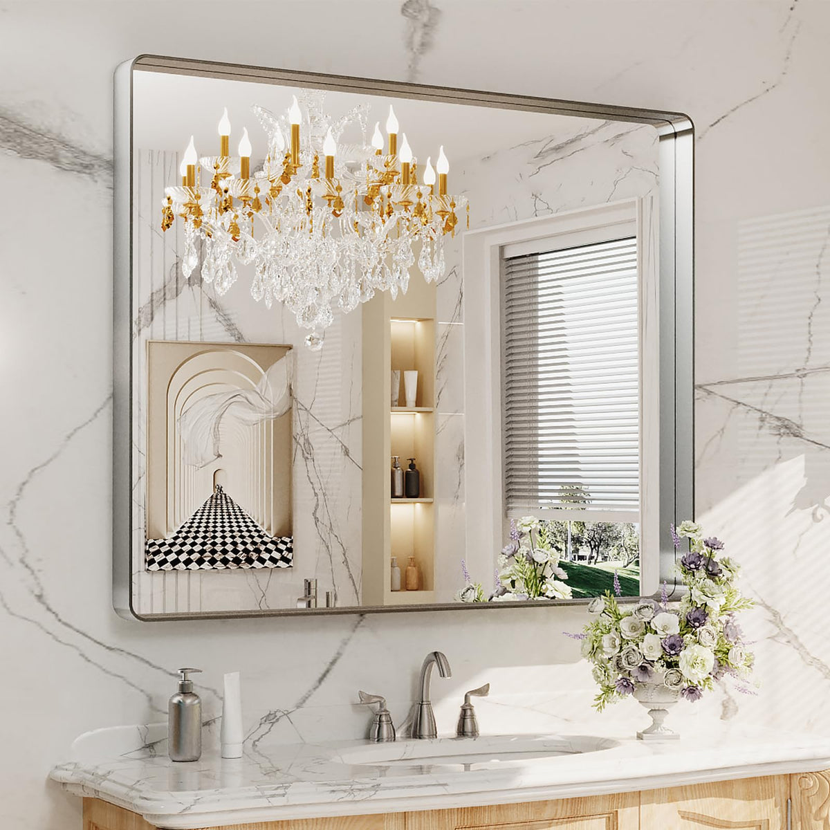 LOAAO brushed nickel mirror with rounded rectangle frame for a crisp, modern reflection