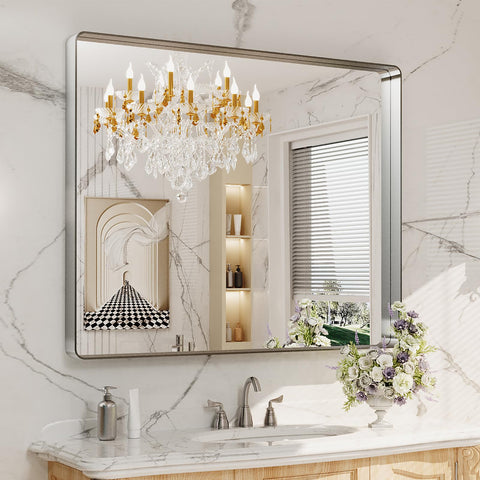 LOAAO brushed nickel mirror with rounded rectangle frame for a crisp, modern reflection