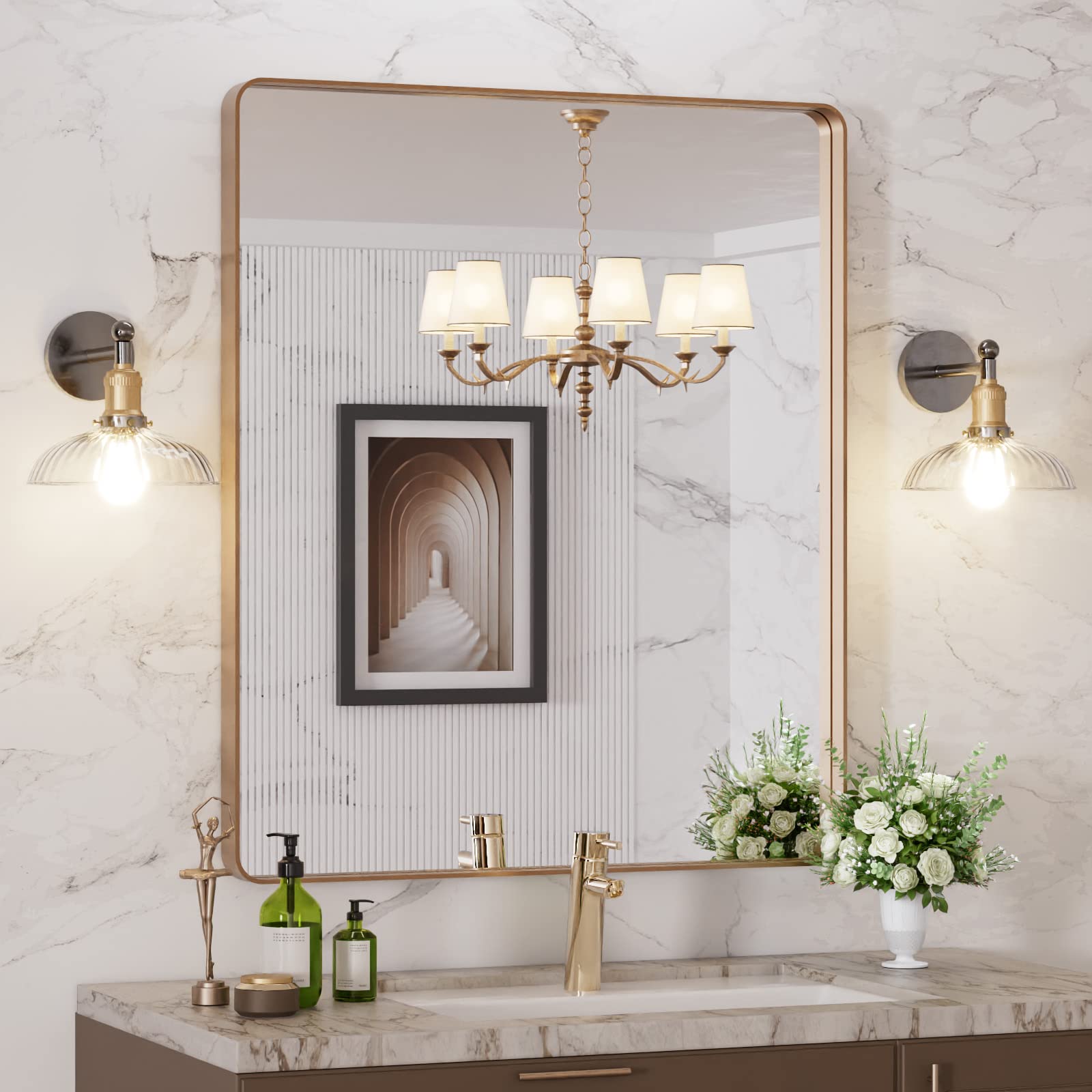LOAAO gold mirror with rounded frame for wall mounting and distortion-free reflection.
