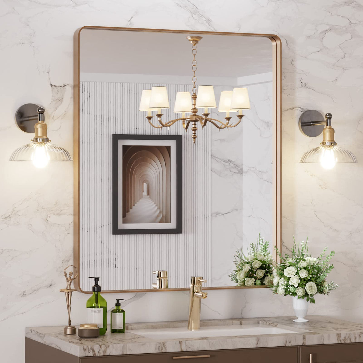 LOAAO gold mirror with rounded frame for wall mounting and distortion-free reflection.