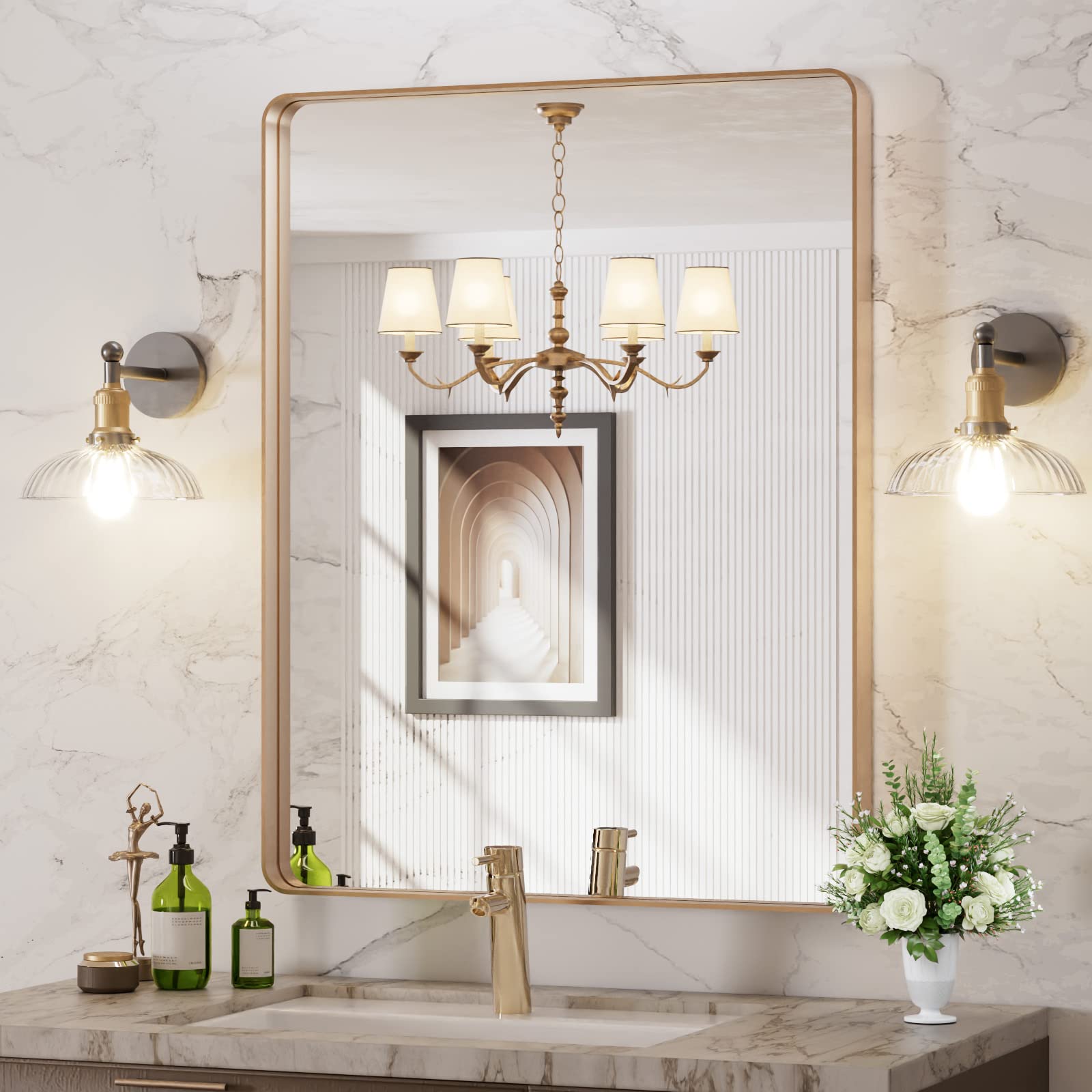 LOAAO gold bathroom mirror with rounded rectangle frame for a modern, distortion-free reflection