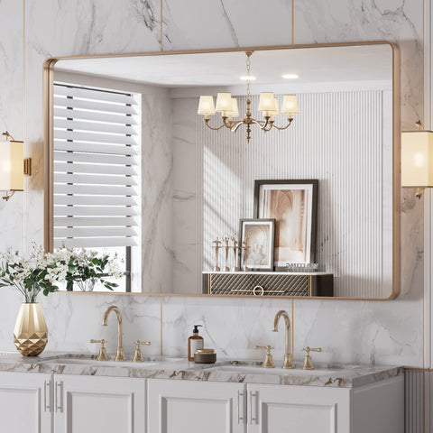 LOAAO gold mirror, rounded-rectangle 48x30, delivers a bright, distortion-free bathroom reflection