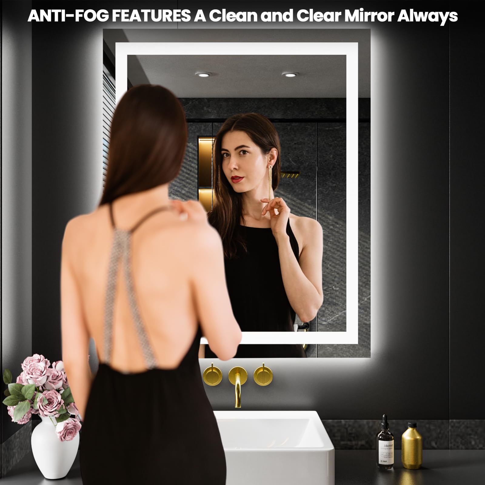 LOAAO 28x36 LED mirror includes anti-fog for humid bathrooms.