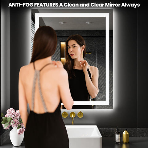 LOAAO 28x36 LED mirror includes anti-fog for humid bathrooms.