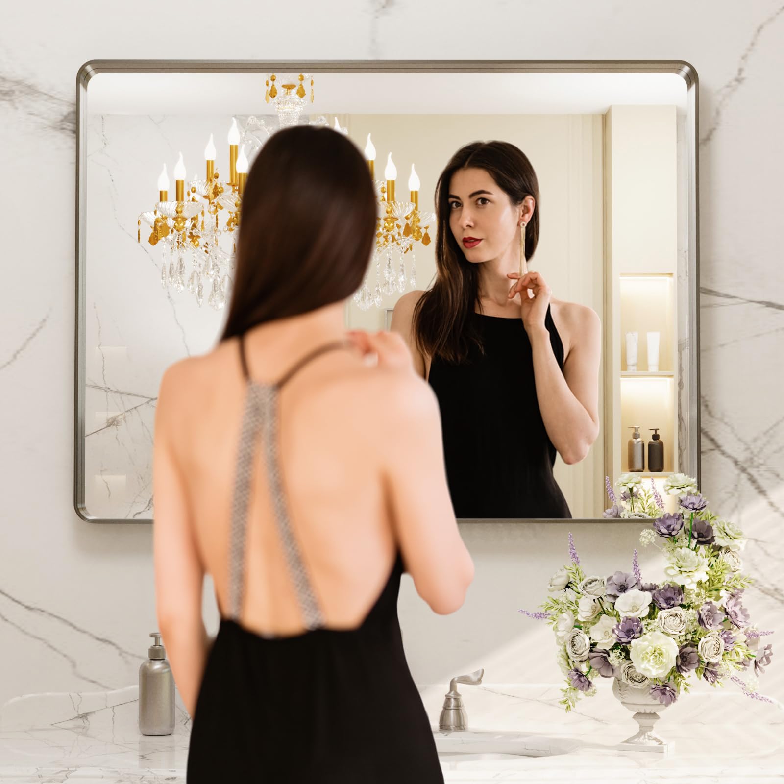 LOAAO rounded rectangle mirror frame in silver for modern bathrooms.